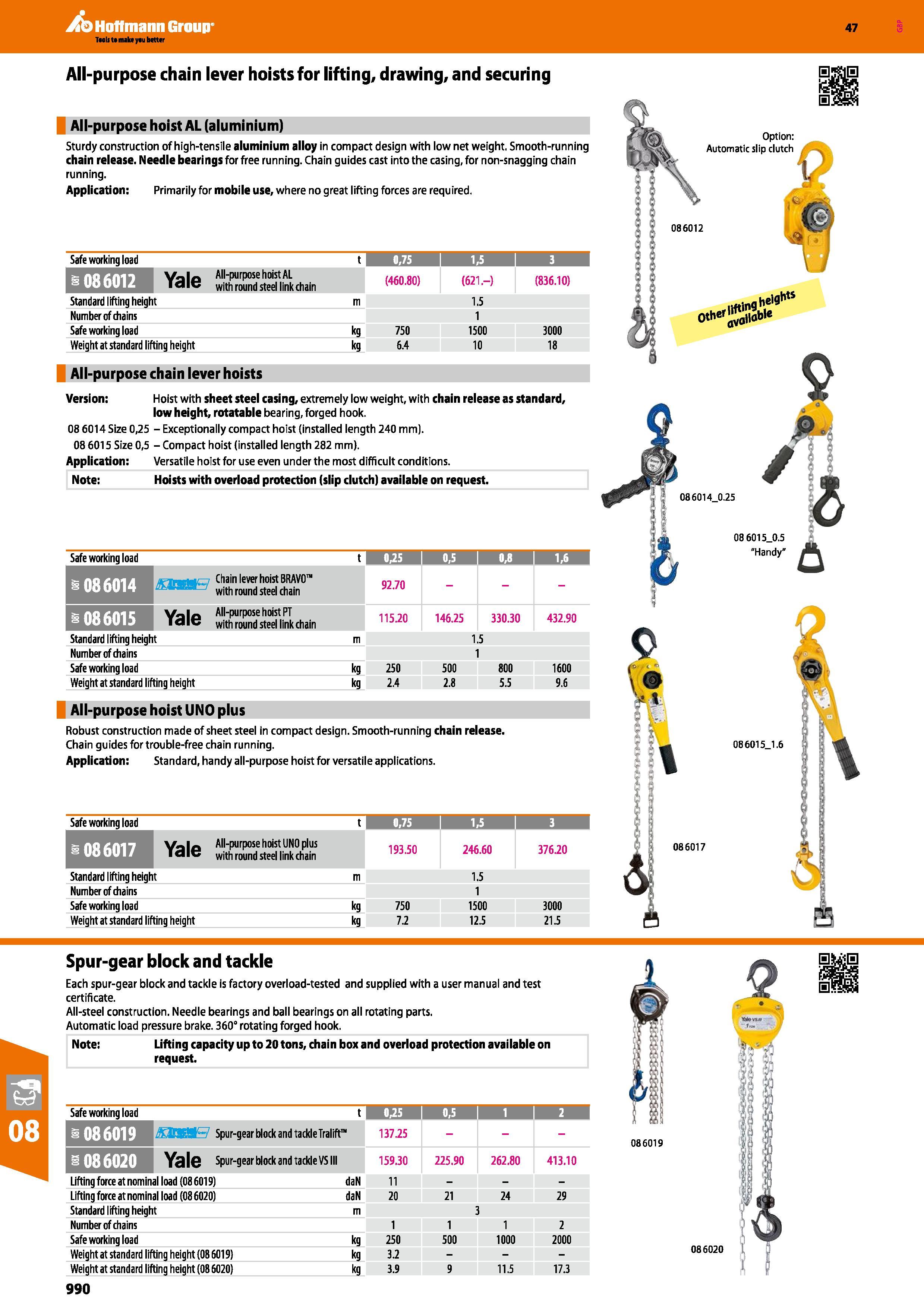 990 Hoffmann Group 47 All-purpose chain lever hoists for lifting, drawing, and securing All-purpose hoist AL (aluminium) Sturdy construction of high- Каталог HOFFMANN GROUP 2016 Ручной слесарно-монтажный и измерительный инструмент и оборудование от комплексного поставщика промышленных предприятий Вер. 47 Англ. Стр. 990