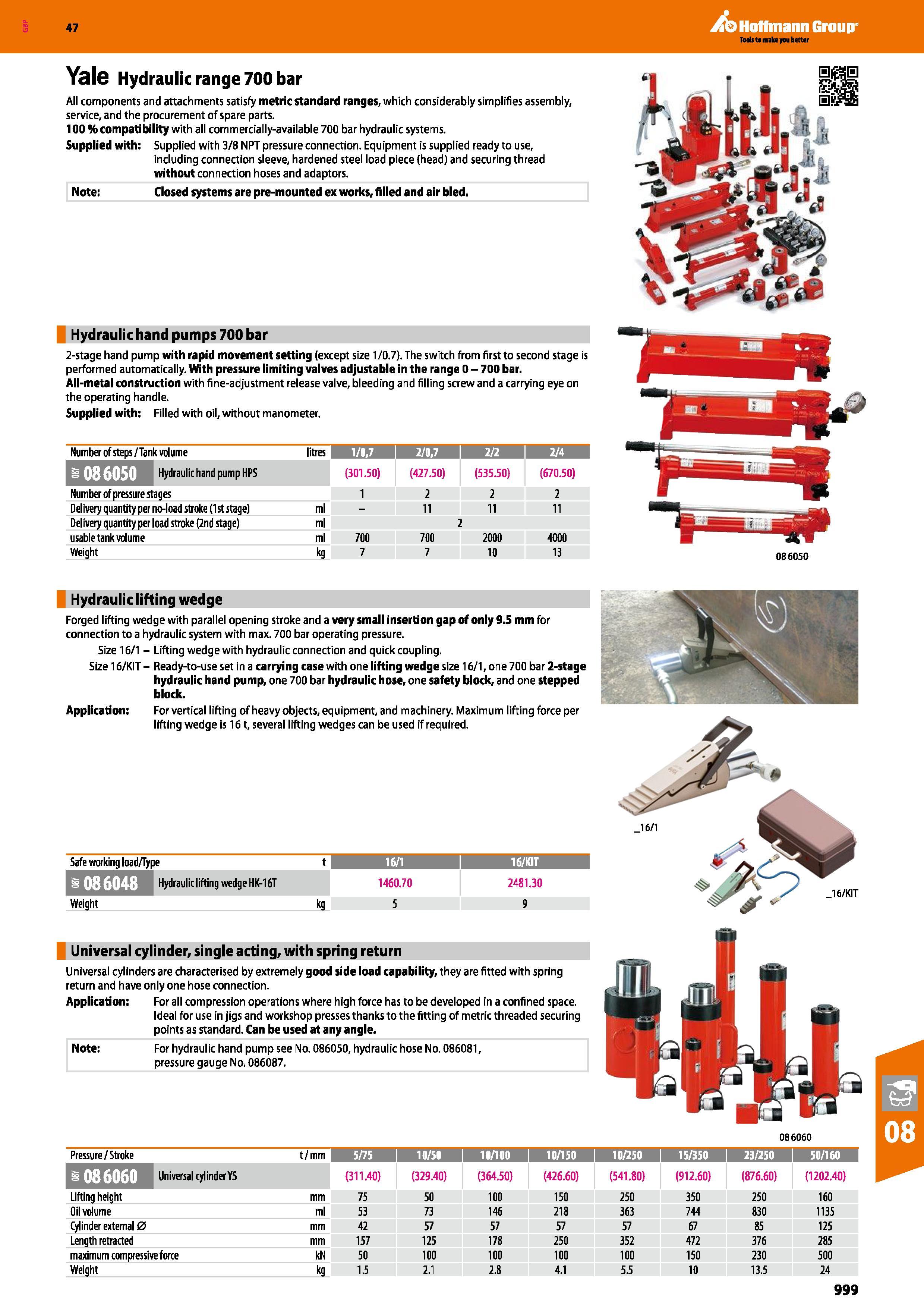 999 Hoffmann Group 47 Yale Hydraulic range 700 bar All components and attachments satisfy metric standard ranges, which considerably simplifies assem Каталог HOFFMANN GROUP 2016 Ручной слесарно-монтажный и измерительный инструмент и оборудование от комплексного поставщика промышленных предприятий Вер. 47 Англ. Стр. 999