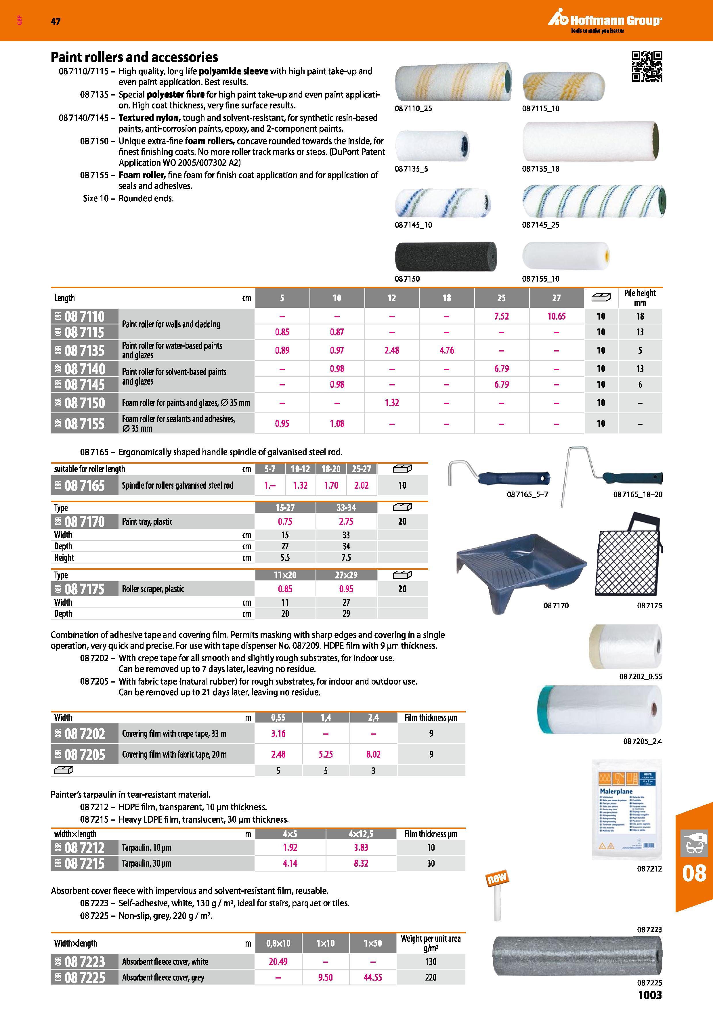 1003 Hoffmann Group 47 Paint rollers and accessories 08 7110/7115 - High quality, long life polyamide sleeve with high paint take-up and even paint ap Каталог HOFFMANN GROUP 2016 Ручной слесарно-монтажный и измерительный инструмент и оборудование от комплексного поставщика промышленных предприятий Вер. 47 Англ. Стр. 1003