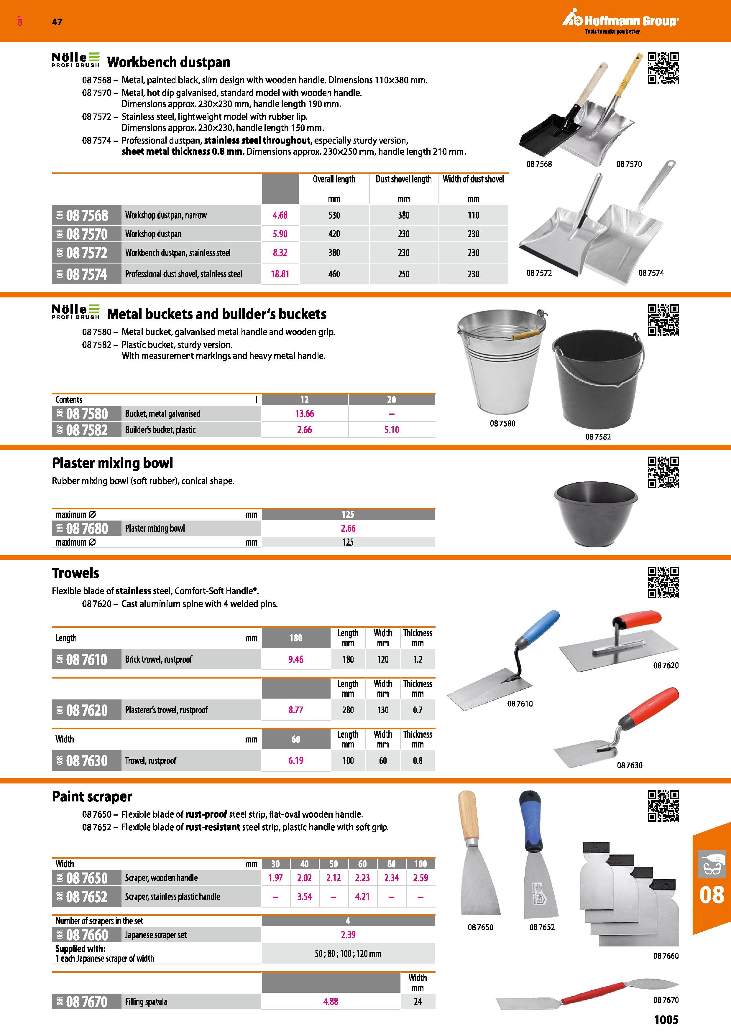 1005 47 &K Ush Workbench dustpan 087568- Metal, painted black, slim design with wooden handle Dimensions 110x380 mm 08 7570 - Metal, hot dip galvanise Каталог HOFFMANN GROUP 2016 Ручной слесарно-монтажный и измерительный инструмент и оборудование от комплексного поставщика промышленных предприятий Вер. 47 Англ. Стр. 1005
