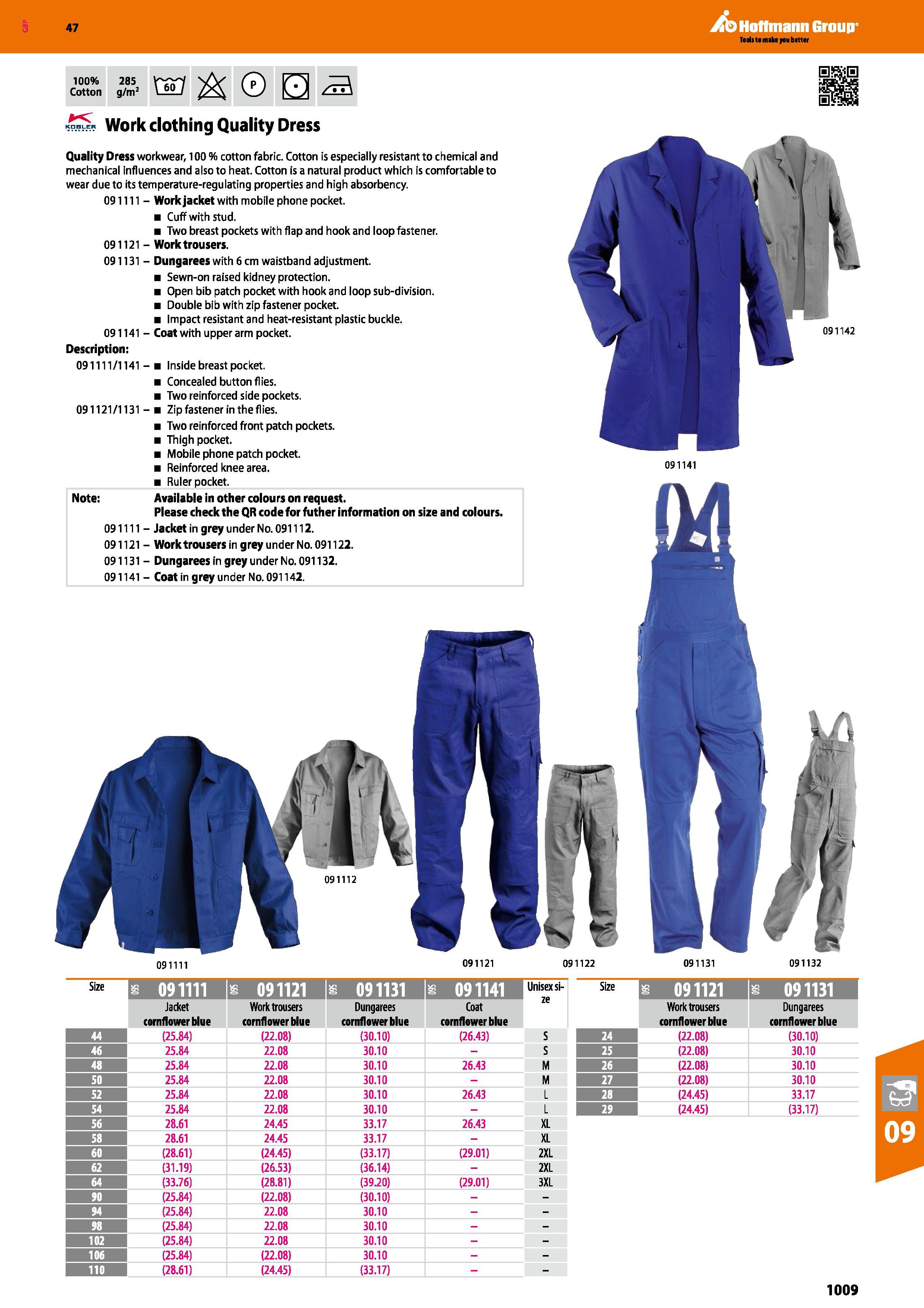 1009 Hoffmann Group 47 100% 285 Cotton g/nr KDBLER 091121 091131 Quality Dress workwear, 100 % cotton fabric Cotton is especially resistant to chemica Каталог HOFFMANN GROUP 2016 Ручной слесарно-монтажный и измерительный инструмент и оборудование от комплексного поставщика промышленных предприятий Вер. 47 Англ. Стр. 1009