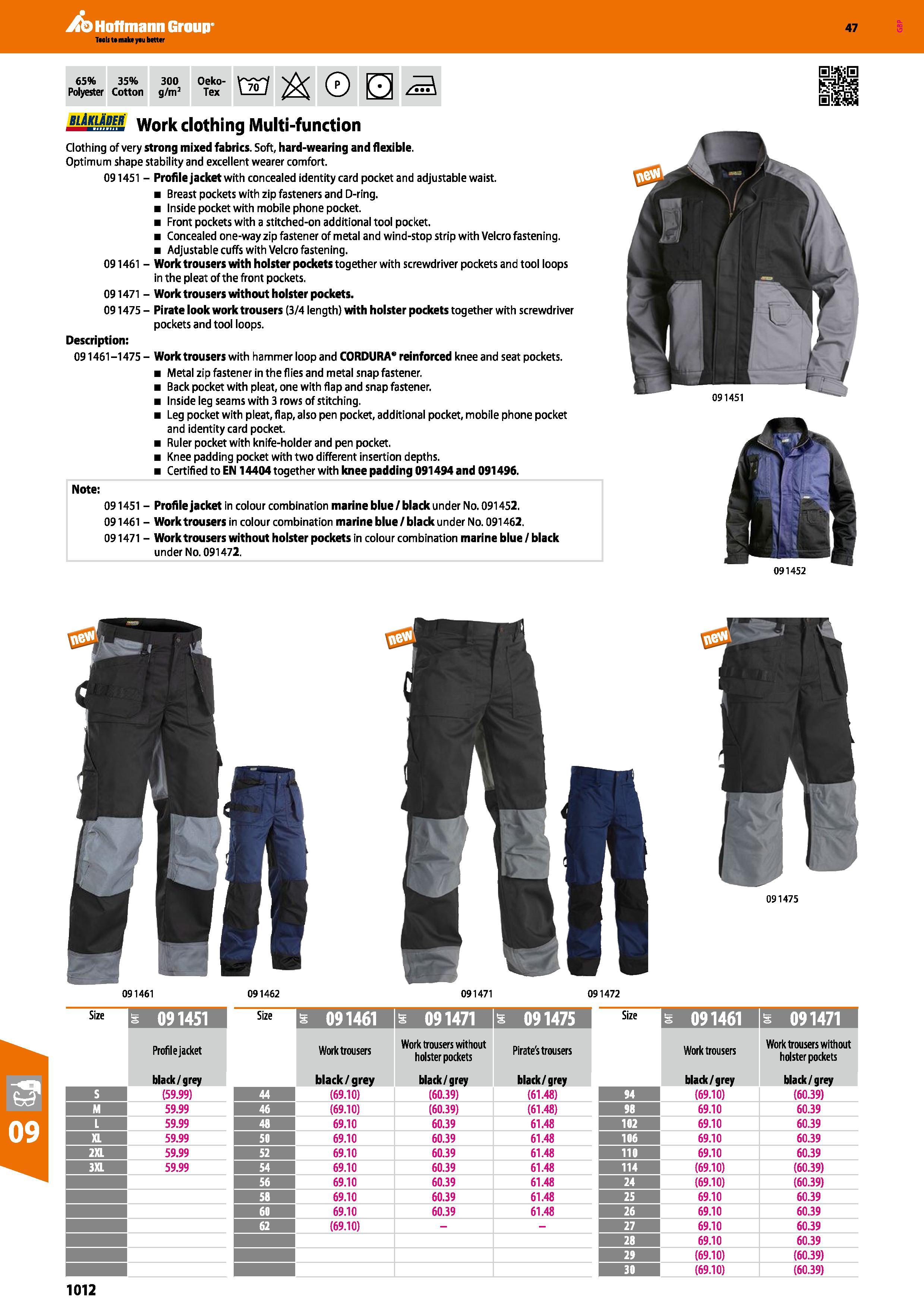1012 Hoffmann Group 47 65% Polyester 35% Cotton 300 g/m3 Oeko- Tex tS & BiiKiADER work clothing Multi-function Clothing of very strong mixed fabrics S Каталог HOFFMANN GROUP 2016 Ручной слесарно-монтажный и измерительный инструмент и оборудование от комплексного поставщика промышленных предприятий Вер. 47 Англ. Стр. 1012