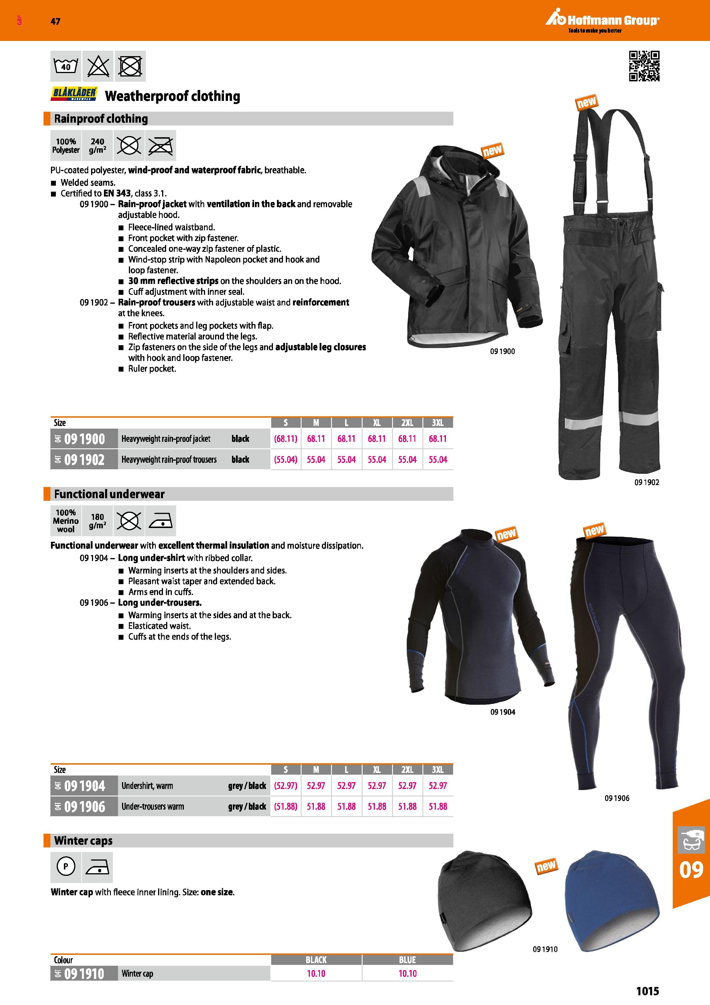 1015 133 & K blAklader weatherproof clothing Rainproof clothing 100% 240 Polyester g/m2 PU-coated polyester, wind-proof and waterproof fabric, breatha Каталог HOFFMANN GROUP 2016 Ручной слесарно-монтажный и измерительный инструмент и оборудование от комплексного поставщика промышленных предприятий Вер. 47 Англ. Стр. 1015
