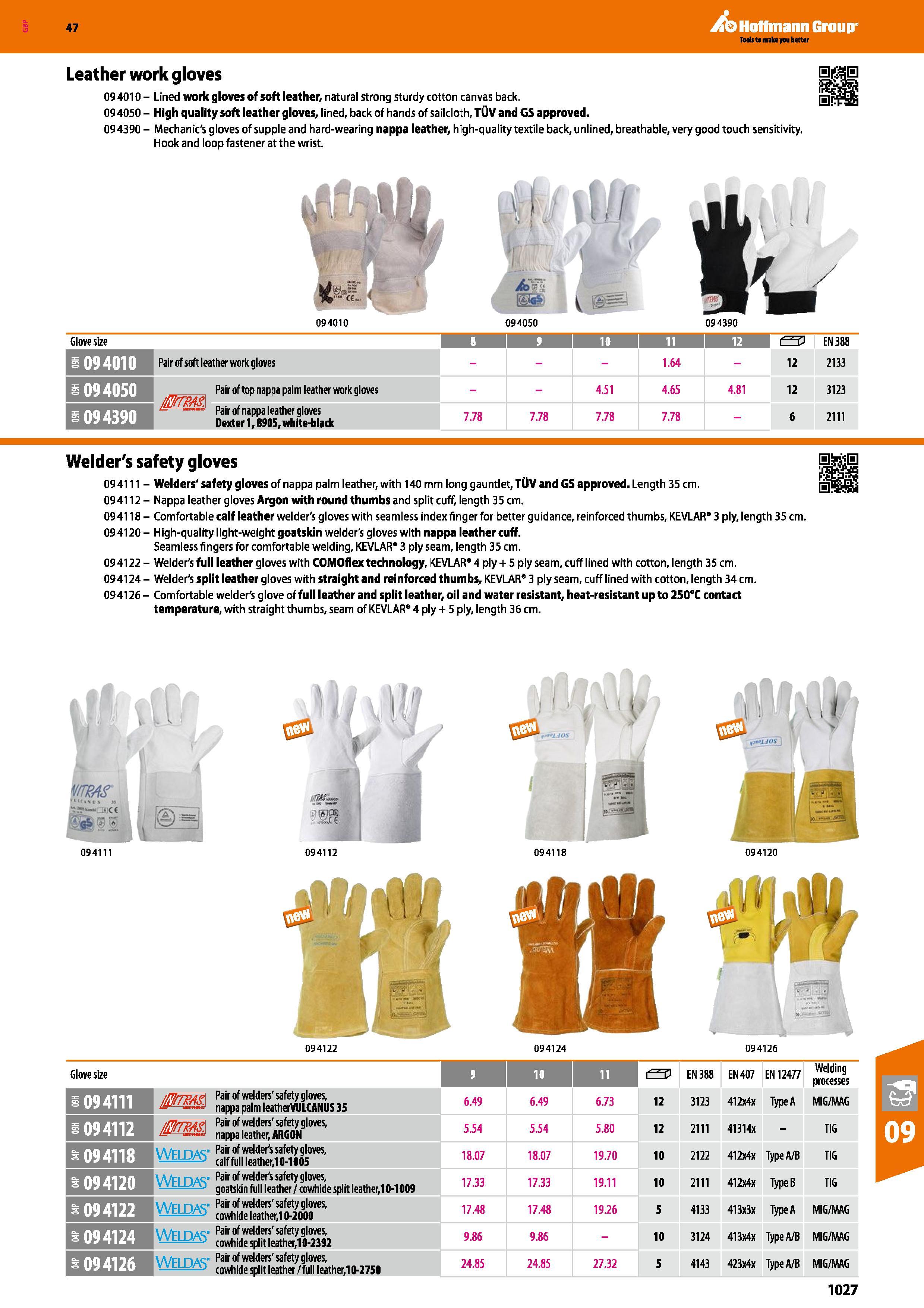1027 Hoffmann Group 47 Leather work gloves 09 4010 - Lined work gloves of soft leather, natural strong sturdy cotton canvas back 094050 - High quality Каталог HOFFMANN GROUP 2016 Ручной слесарно-монтажный и измерительный инструмент и оборудование от комплексного поставщика промышленных предприятий Вер. 47 Англ. Стр. 1027