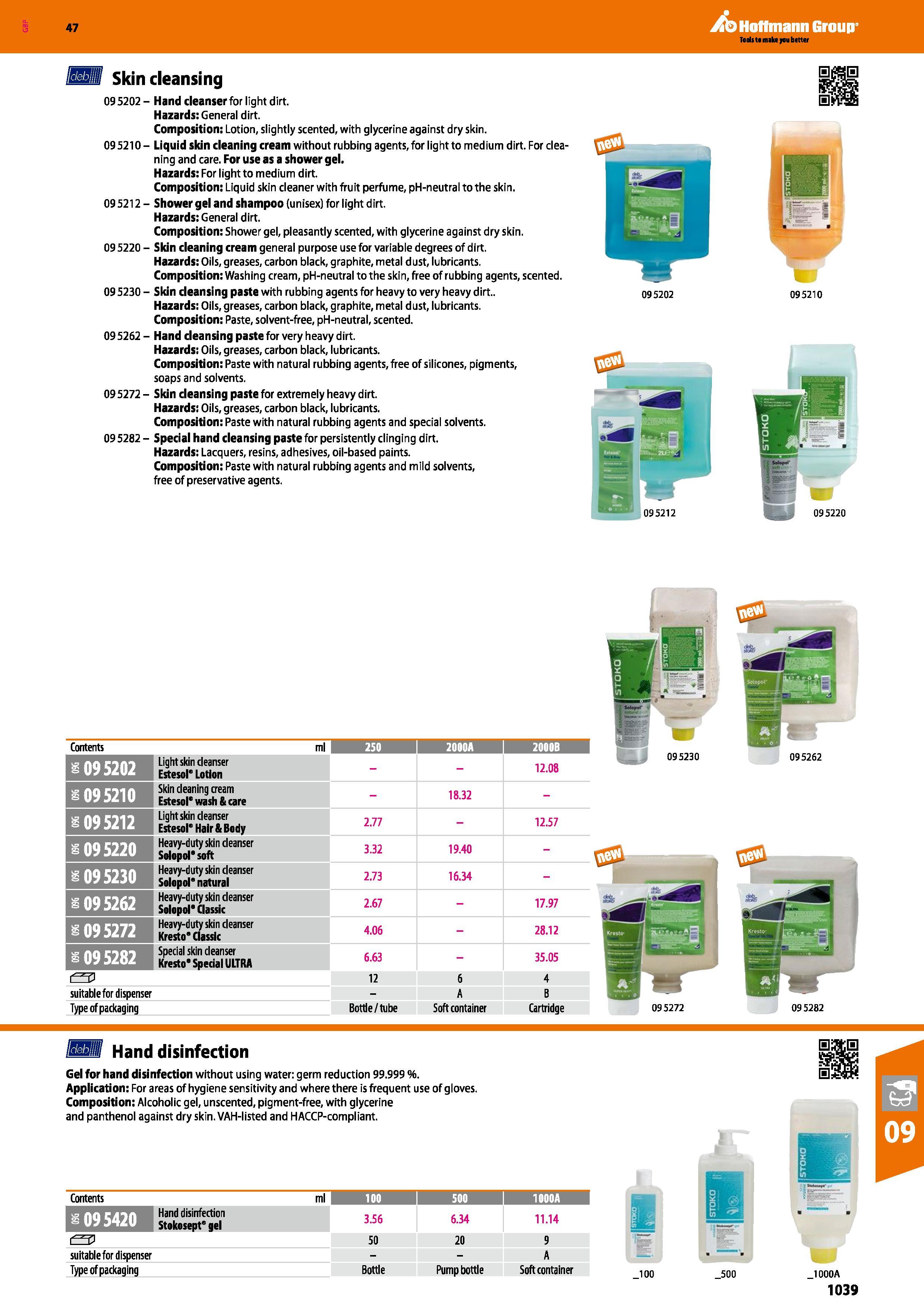 1039 Hoffmann Group 47 Skin cleansing 095202 - Hand cleanser for light dirt Hazards: General dirt Composition: Lotion, slightly scented, with glycerin Каталог HOFFMANN GROUP 2016 Ручной слесарно-монтажный и измерительный инструмент и оборудование от комплексного поставщика промышленных предприятий Вер. 47 Англ. Стр. 1039