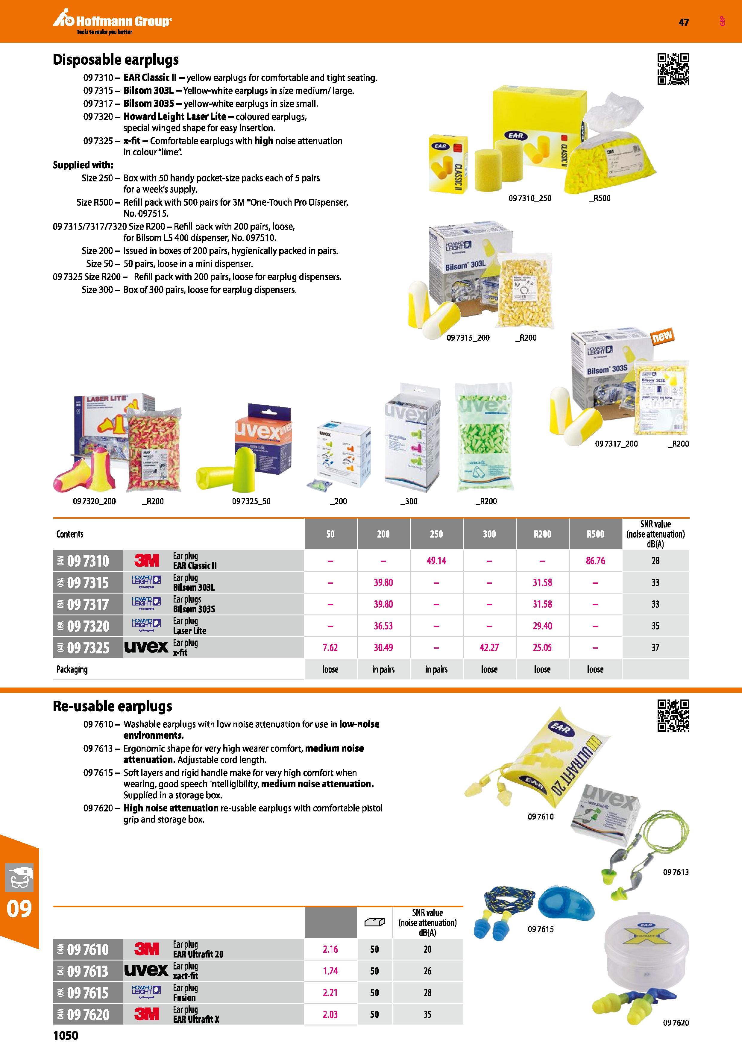 1050 Hoffmann Group 47 Disposable earplugs 09 7310 - EAR Classic II - yellow earplugs for comfortable and tight seating 09 7315 - Bilsom 303L - Yellow Каталог HOFFMANN GROUP 2016 Ручной слесарно-монтажный и измерительный инструмент и оборудование от комплексного поставщика промышленных предприятий Вер. 47 Англ. Стр. 1050