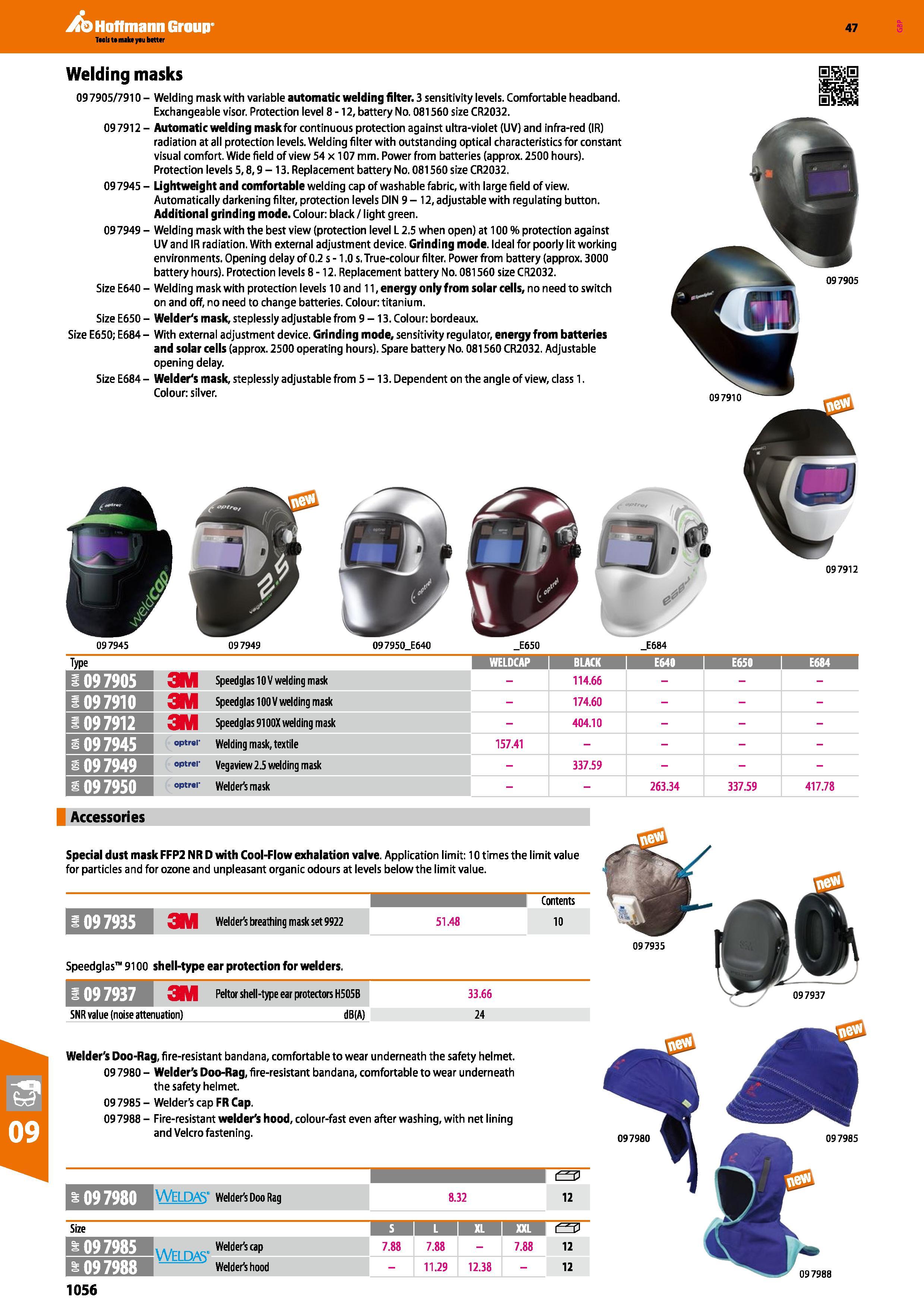 1056 Hoffmann Group 47 Welding masks 09 7905/7910 - Welding mask with variable automatic welding filter 3 sensitivity levels Comfortable headband Exch Каталог HOFFMANN GROUP 2016 Ручной слесарно-монтажный и измерительный инструмент и оборудование от комплексного поставщика промышленных предприятий Вер. 47 Англ. Стр. 1056