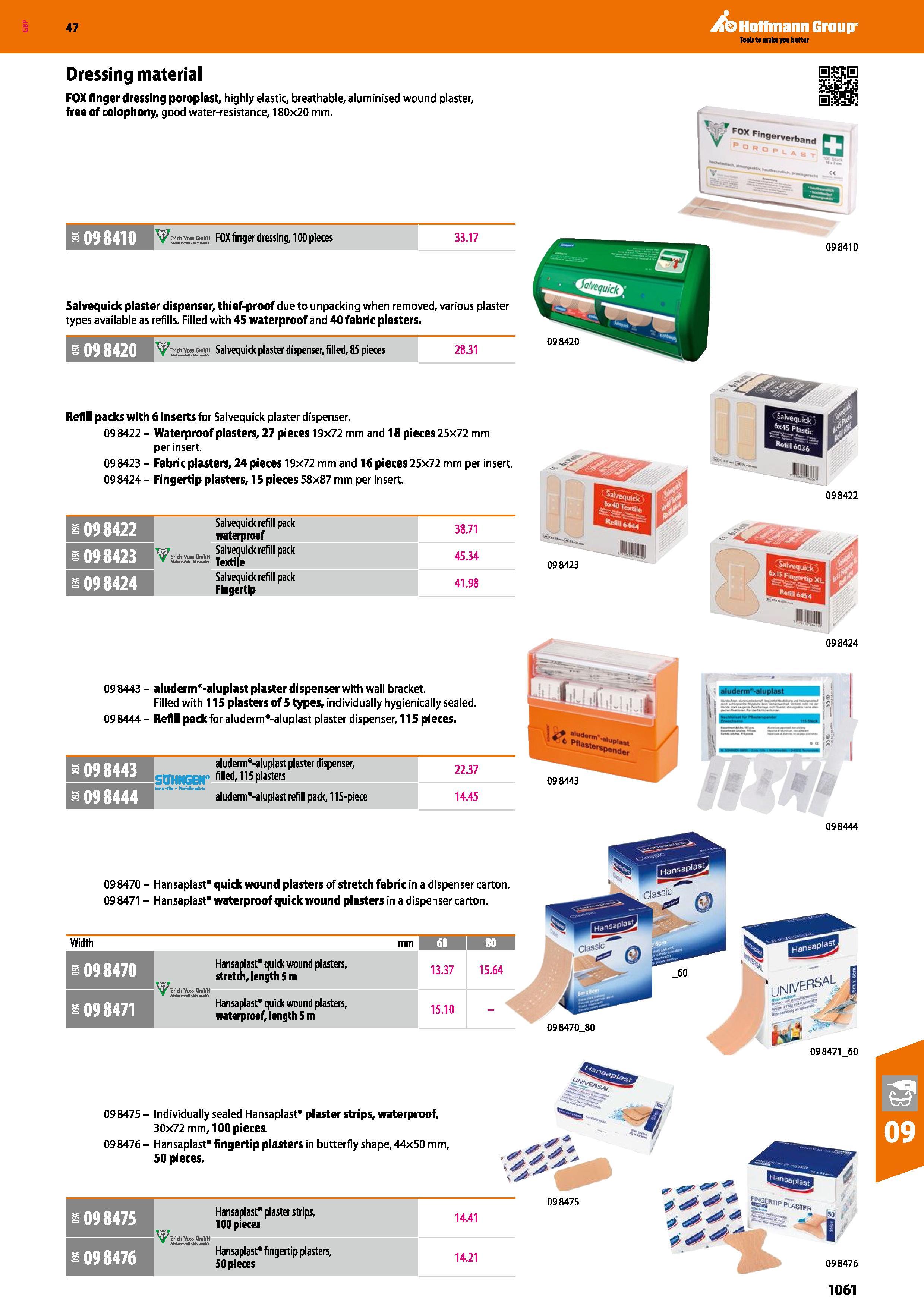 1061 Hoffmann Group 47 Dressing material FOX finger dressing poroplast, highly elastic, breathable, aluminised wound plaster, free of colophony, good Каталог HOFFMANN GROUP 2016 Ручной слесарно-монтажный и измерительный инструмент и оборудование от комплексного поставщика промышленных предприятий Вер. 47 Англ. Стр. 1061