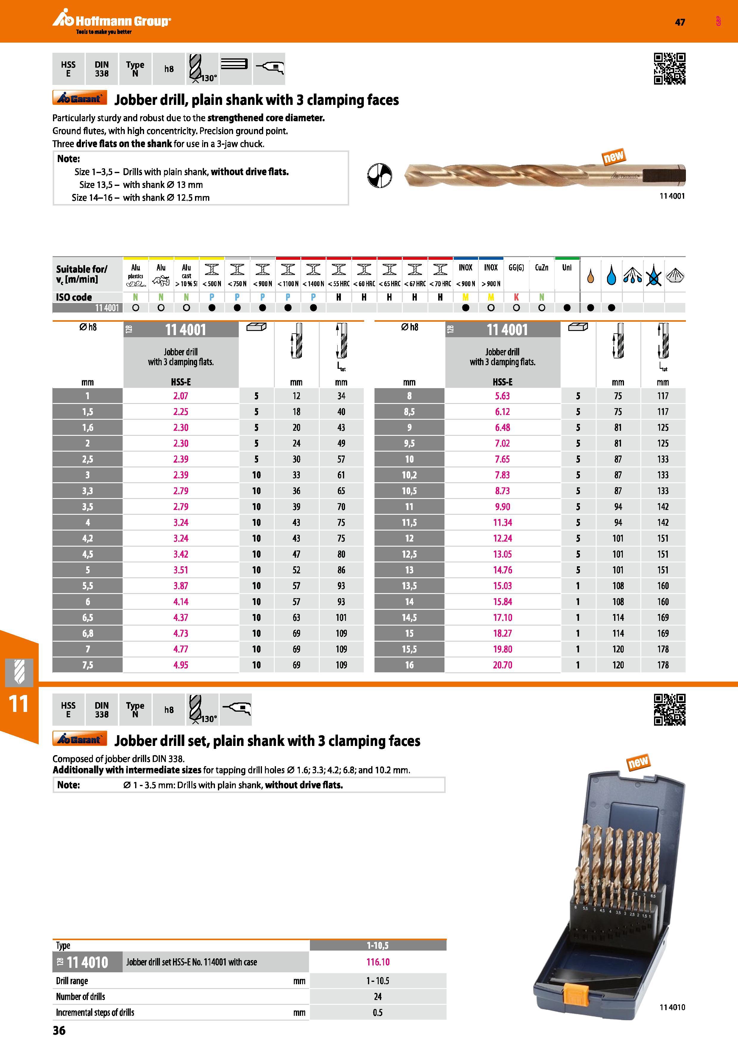 36 Hoffmann Group 47 HSS E DIN 338 Type N h8 4ssa til Jobber drill, plain shank with 3 clamping faces Particularly sturdy and robust due to the stre Каталог HOFFMANN GROUP 2016 Станочный режущий и вспомогательный инструмент для металлорежущих универсальных станков центров и комплексов с ЧПУ Версия 47 Стр. 36