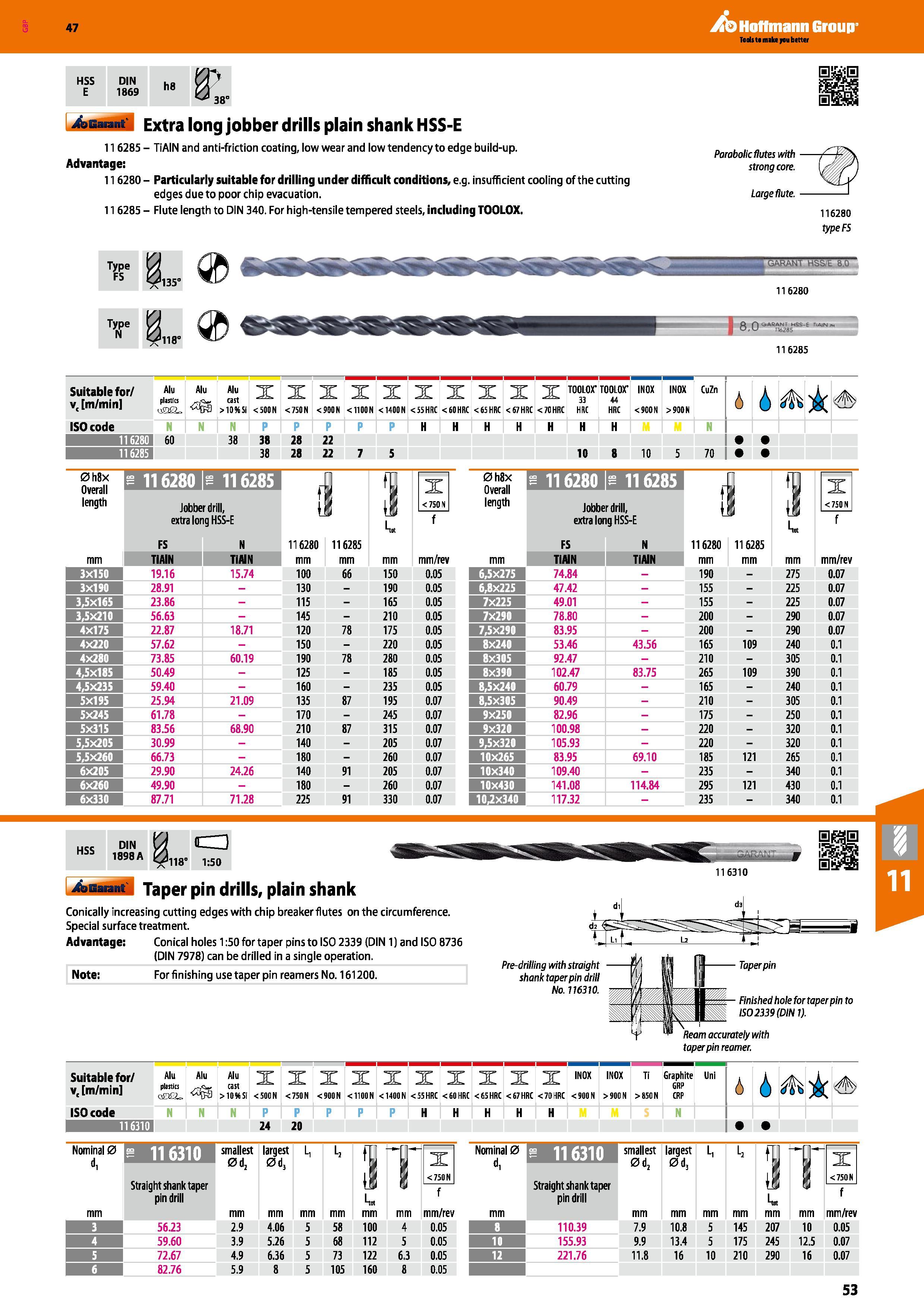 53 Hoffmann Group 47 HSS E DIN 1869 h8 01 4asat M Extra long jobber drills plain shank HSS-E 116285 - TiAIN and anti-friction coating, low wear and Каталог HOFFMANN GROUP 2016 Станочный режущий и вспомогательный инструмент для металлорежущих универсальных станков центров и комплексов с ЧПУ Версия 47 Стр. 53