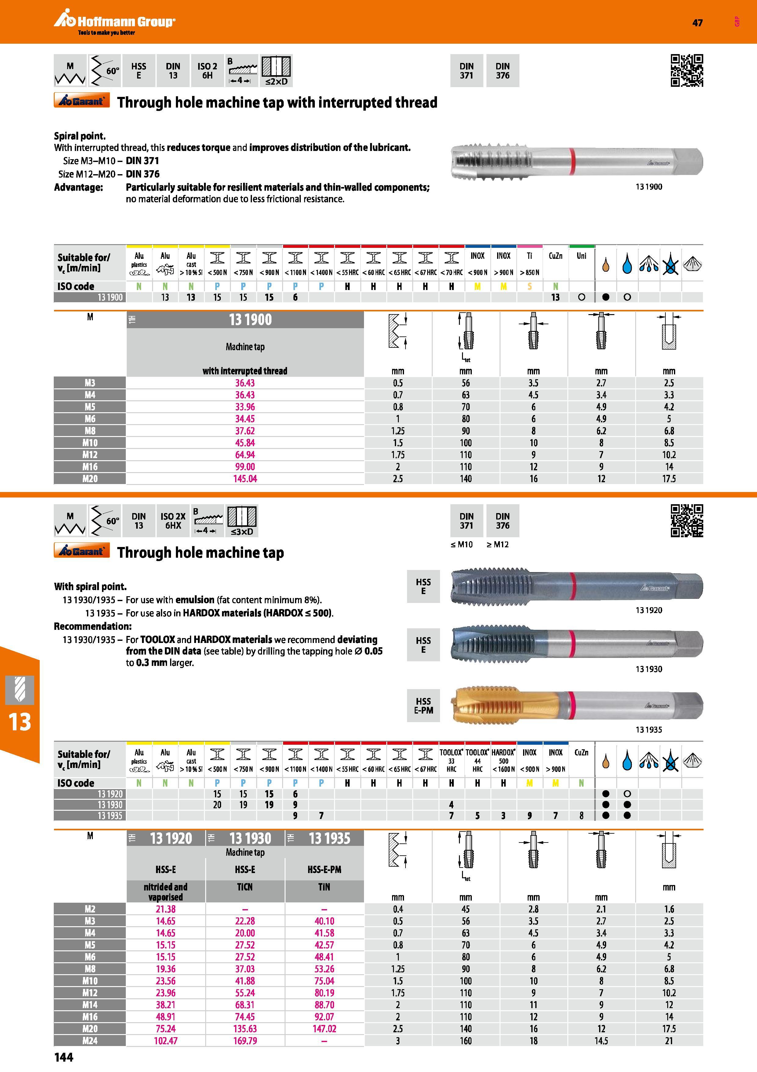 144 Hoffmann Group 47 ISO 2 6H 2xD DIN DIN 371 376 Garant Through hole machine tap with interrupted thread Spiral point With interrupted thread, this Каталог HOFFMANN GROUP 2016 Станочный режущий и вспомогательный инструмент для металлорежущих универсальных станков центров и комплексов с ЧПУ Версия 47 Стр. 144