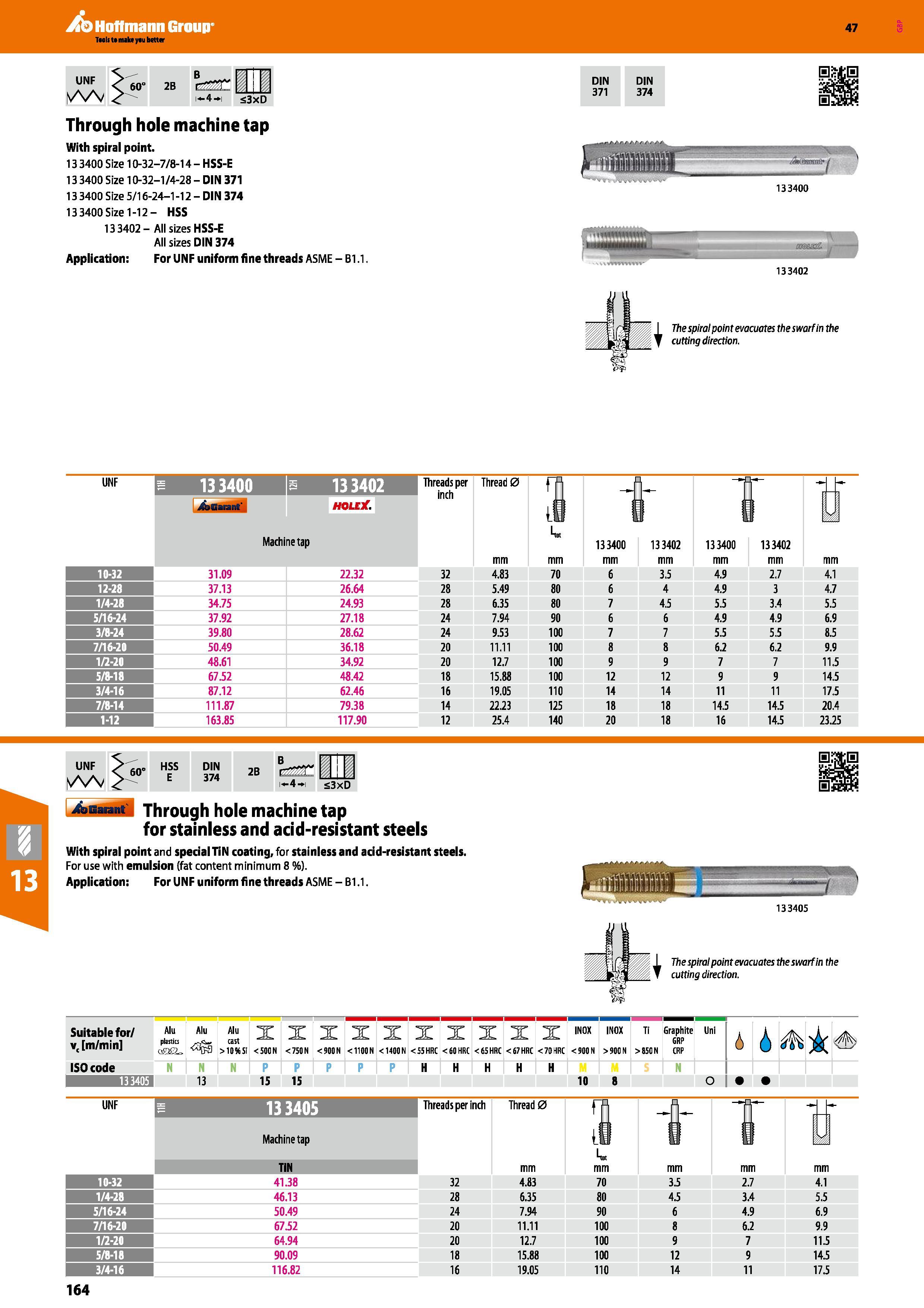 164 ib Hoffmann Group 2B r j 1-4-4- i 3xD Through hole machine tap With spiral point 13 3400 Size 10-32-7/8-14 - HSS-E 133400 Size 10-32-1/4-28 - DIN Каталог HOFFMANN GROUP 2016 Станочный режущий и вспомогательный инструмент для металлорежущих универсальных станков центров и комплексов с ЧПУ Версия 47 Стр. 164