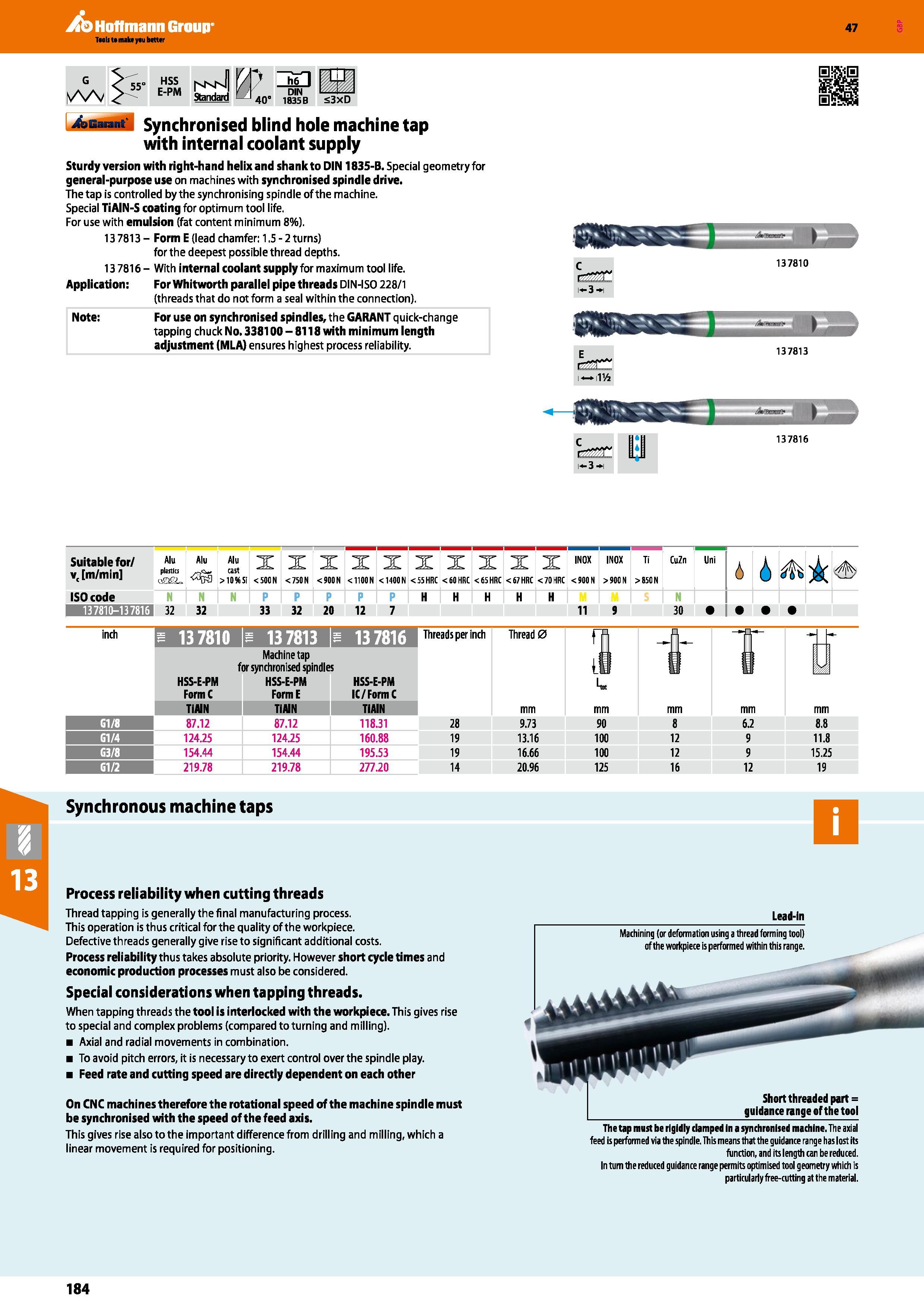184 Hoffmann Group 47 HSS E-PM M Standard 1 a r h6 DIN 40 1835 B £3xD 4tfiannt' Synchronised blind hole machine tap with internal coolant supply Stur Каталог HOFFMANN GROUP 2016 Станочный режущий и вспомогательный инструмент для металлорежущих универсальных станков центров и комплексов с ЧПУ Версия 47 Стр. 184
