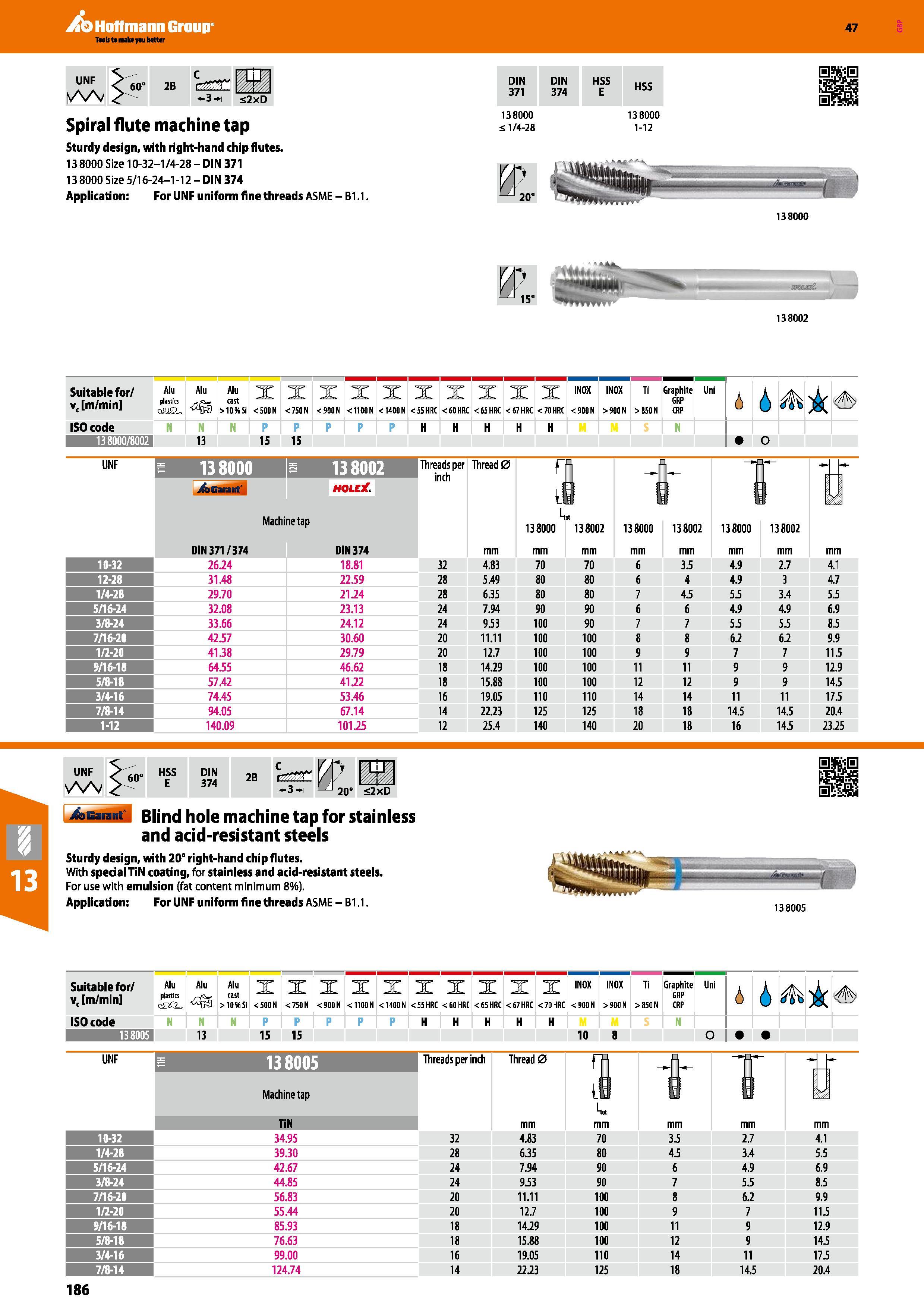 186 Hoffmann Group 47 2B <2xD Spiral flute machine tap Sturdy design, with right-hand chip flutes 138000 Size 10-32-1/4-28 - DIN 371 13 8000 Size 5/1 Каталог HOFFMANN GROUP 2016 Станочный режущий и вспомогательный инструмент для металлорежущих универсальных станков центров и комплексов с ЧПУ Версия 47 Стр. 186