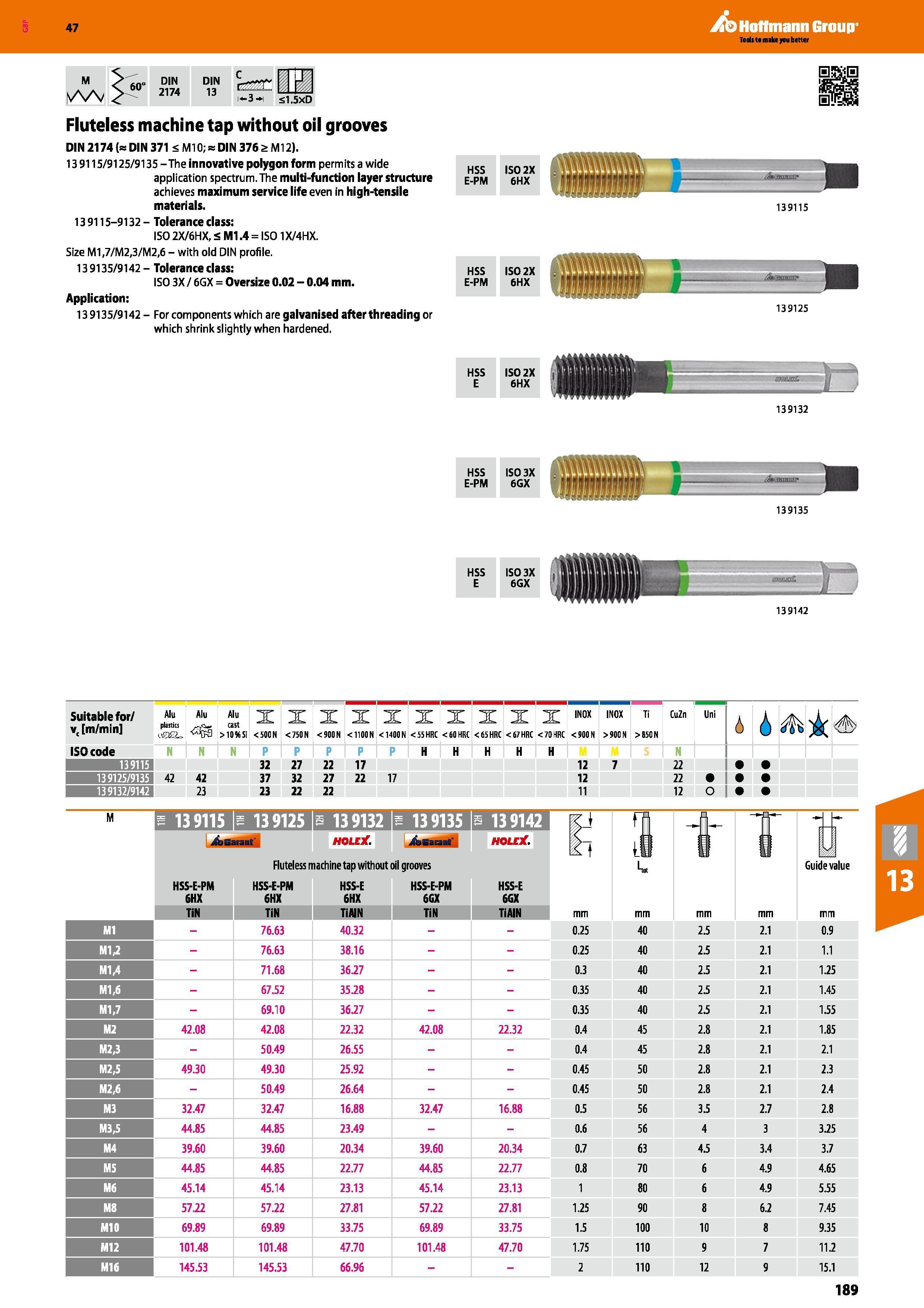 189 Hoffmann Group 47 DIN 2174 DIN 13 i a -3- <1 5xD Fluteless machine tap without oil grooves DIN 2174 ( DIN 371 < Ml0; = DIN 376 a Ml 2) 139115/912 Каталог HOFFMANN GROUP 2016 Станочный режущий и вспомогательный инструмент для металлорежущих универсальных станков центров и комплексов с ЧПУ Версия 47 Стр. 189