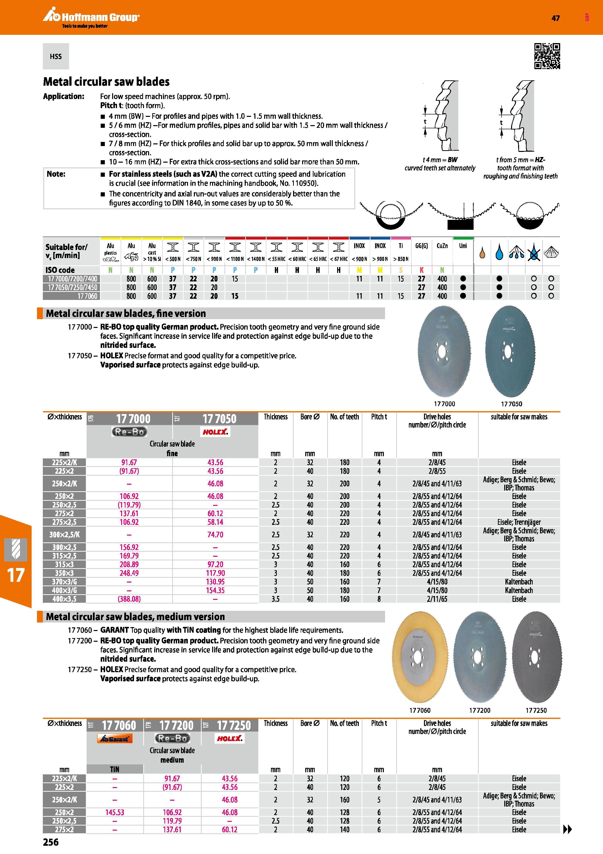 256 Metal circular saw blades Application: Note: For low speed machines (approx 50 rpm) Pitch t: (tooth form) 4 mm (BW) - For profiles and pipes with Каталог HOFFMANN GROUP 2016 Станочный режущий и вспомогательный инструмент для металлорежущих универсальных станков центров и комплексов с ЧПУ Версия 47 Стр. 256