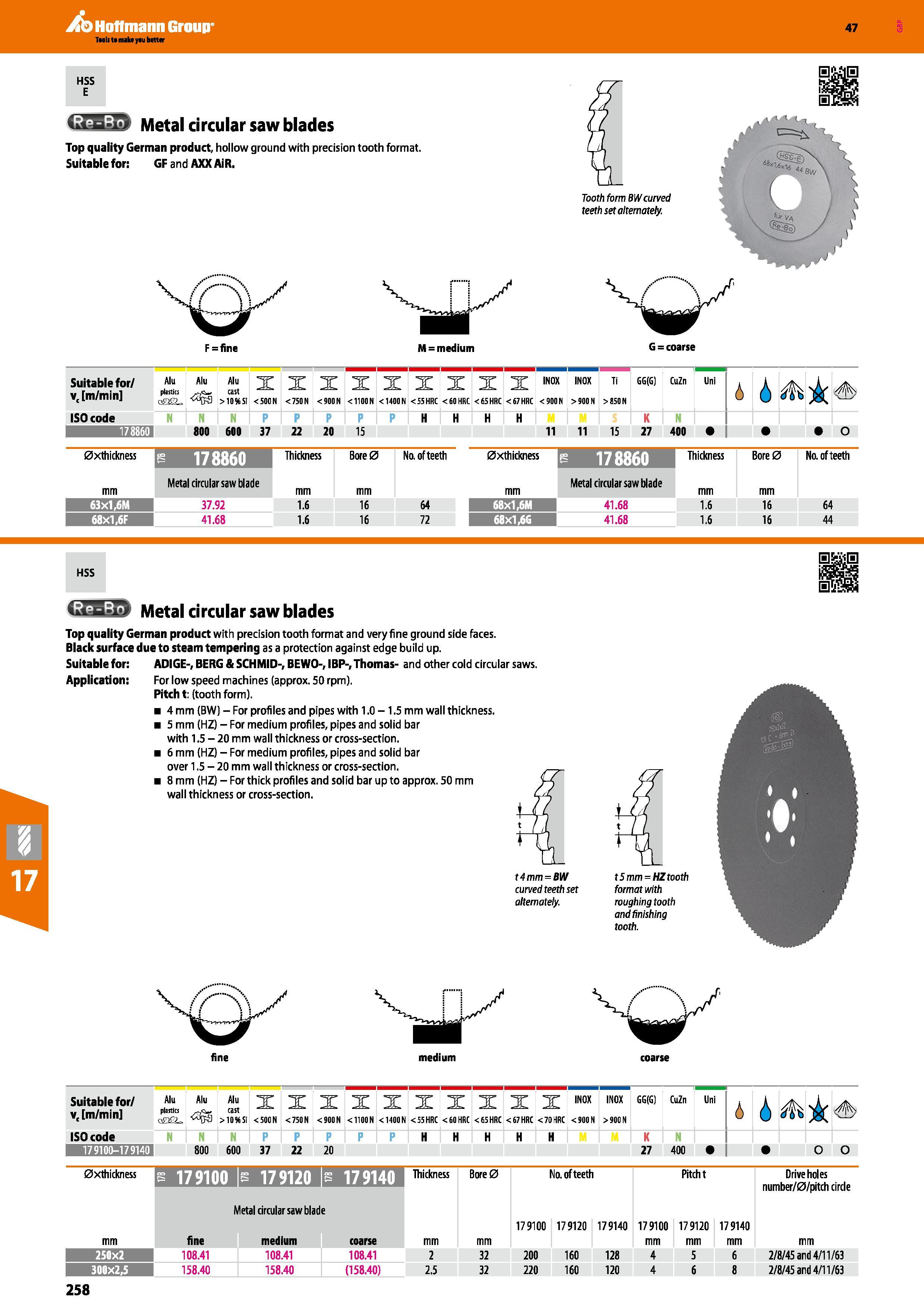 258 QSsB Metal circular saw blades Top quality German product, hollow ground with precision tooth format Suitable for: GF and AXX AiR Tooth form BW c Каталог HOFFMANN GROUP 2016 Станочный режущий и вспомогательный инструмент для металлорежущих универсальных станков центров и комплексов с ЧПУ Версия 47 Стр. 258