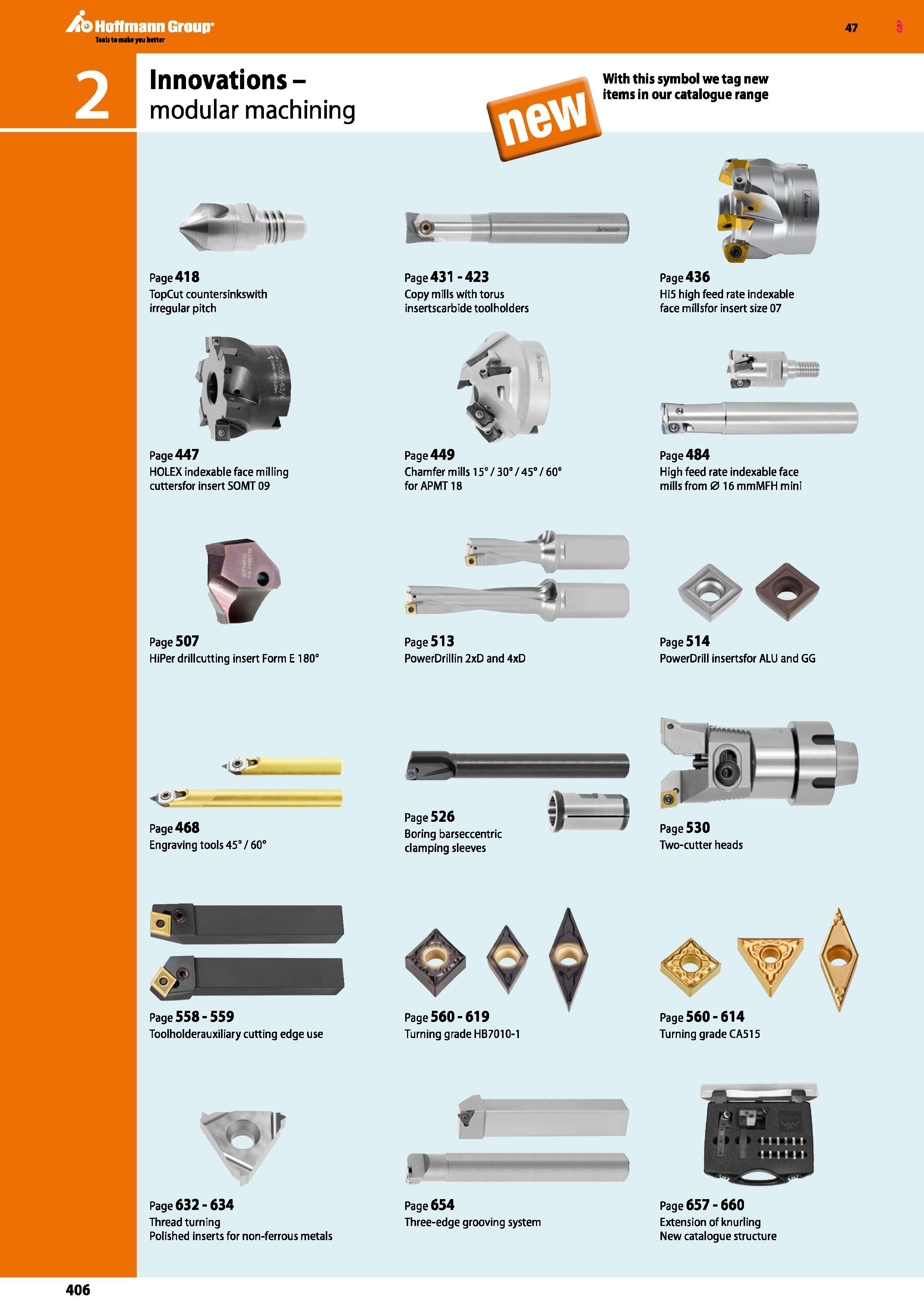406 Tools to make yau better Aq Hoffmann Group 2 Innovations- modular machining Page 418 TopCut countersinkswith irregular pitch Page 447 HOLEX index Каталог HOFFMANN GROUP 2016 Станочный режущий и вспомогательный инструмент для металлорежущих универсальных станков центров и комплексов с ЧПУ Версия 47 Стр. 406
