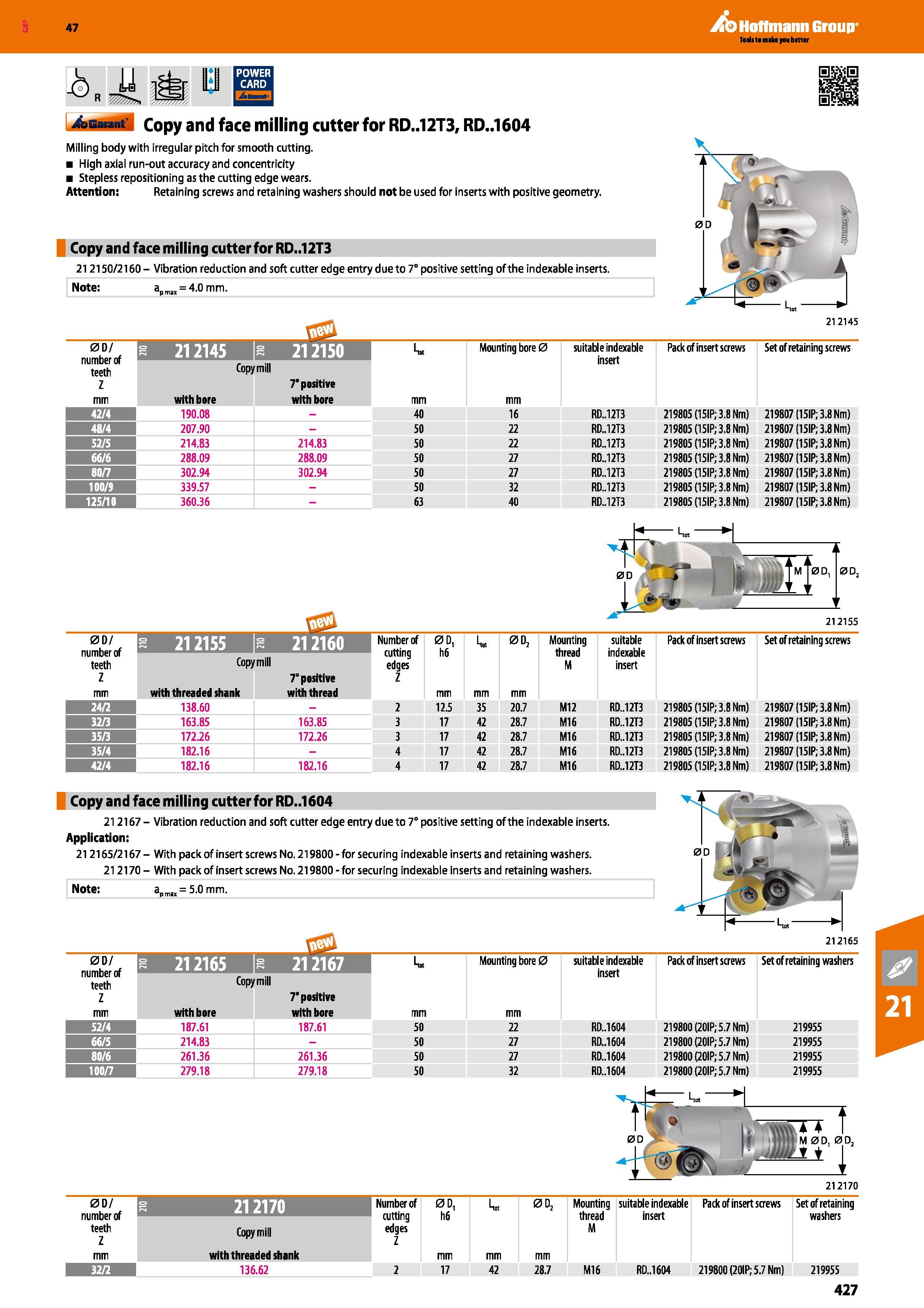 427 Hoffmann Group 47 Copy and face milling cutter for RD 12T3, RD 1604 Milling body with irregular pitch for smooth cutting High axial run-out accur Каталог HOFFMANN GROUP 2016 Станочный режущий и вспомогательный инструмент для металлорежущих универсальных станков центров и комплексов с ЧПУ Версия 47 Стр. 427