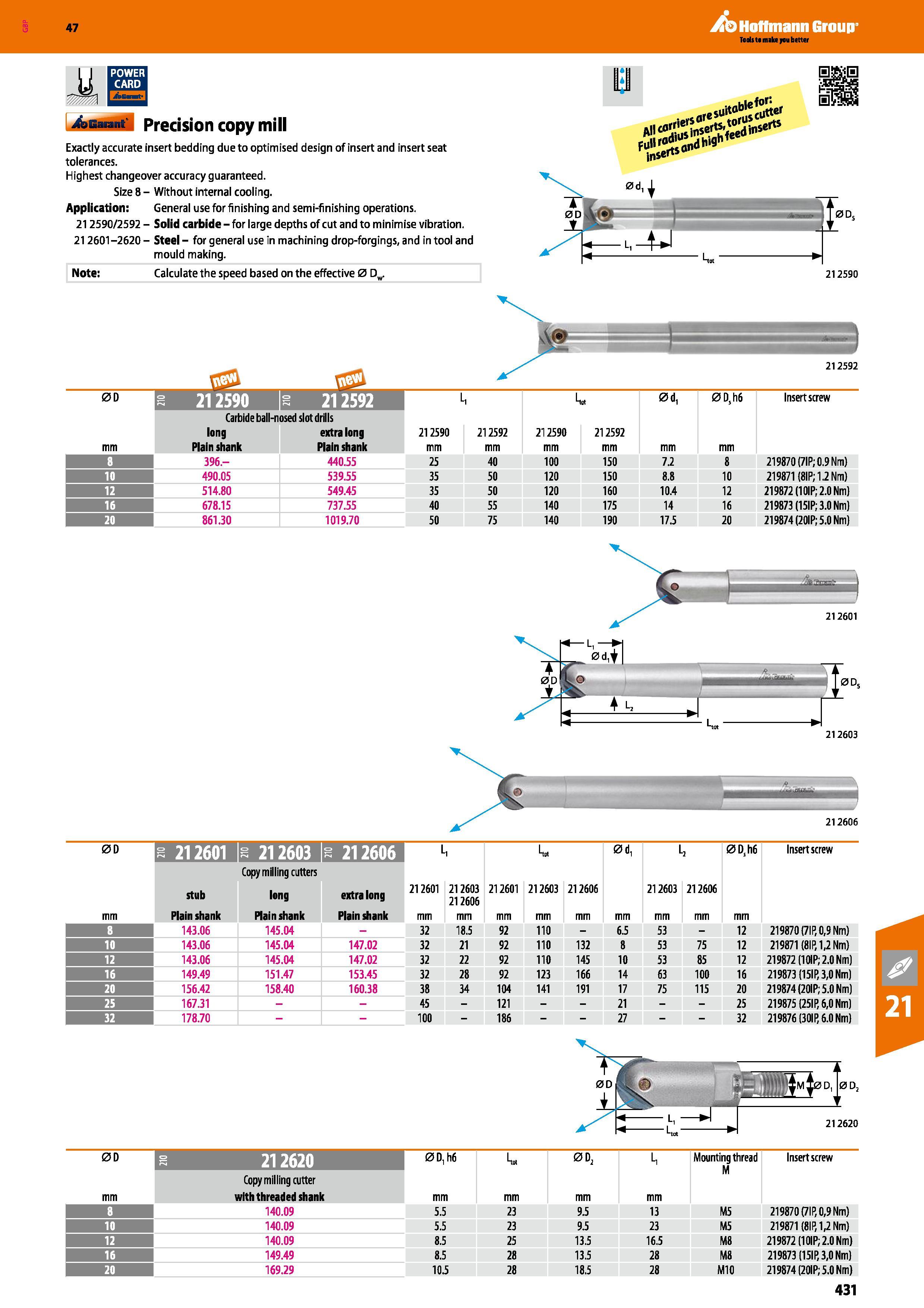 431 Hoffmann Group 47 Precision copy mill 1=1 Exactly accurate insert bedding due to optimised design of insert and insert seat tolerances Highest ch Каталог HOFFMANN GROUP 2016 Станочный режущий и вспомогательный инструмент для металлорежущих универсальных станков центров и комплексов с ЧПУ Версия 47 Стр. 431
