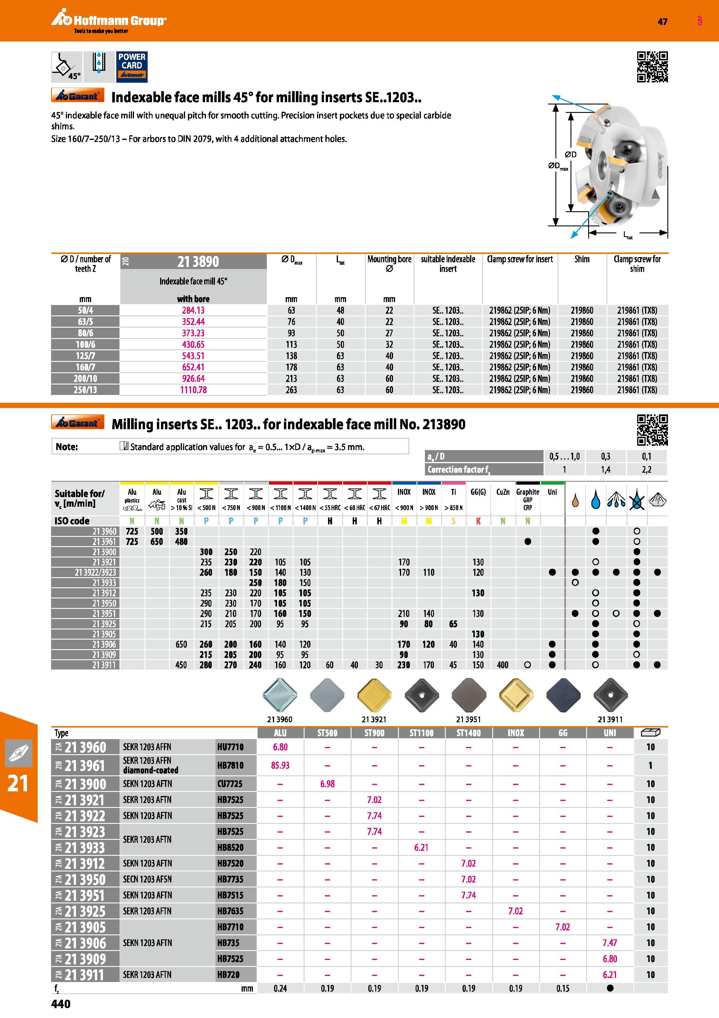 440 Hoffmann Group 47 4sBM ii Indexable face mills 45° for milling inserts SE ,1203 45° indexable face mill with unequal pitch for smooth cutting Pre Каталог HOFFMANN GROUP 2016 Станочный режущий и вспомогательный инструмент для металлорежущих универсальных станков центров и комплексов с ЧПУ Версия 47 Стр. 440