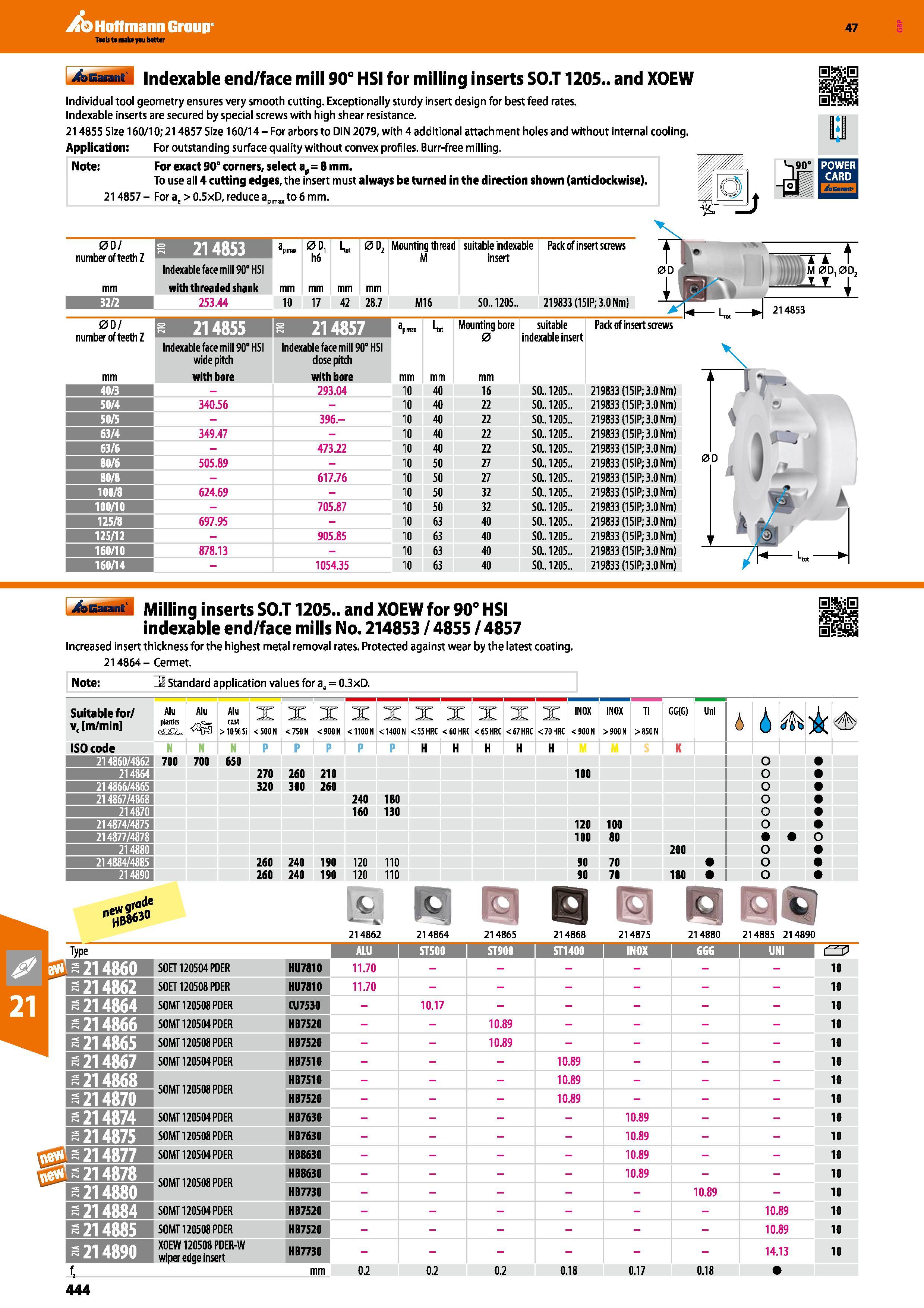 444 Hoffmann Group 47 i&Eaniit' Indexable end/face mill 90° HSI for milling inserts SO T 1205 and XOEW Individual tool geometry ensures very smooth c Каталог HOFFMANN GROUP 2016 Станочный режущий и вспомогательный инструмент для металлорежущих универсальных станков центров и комплексов с ЧПУ Версия 47 Стр. 444