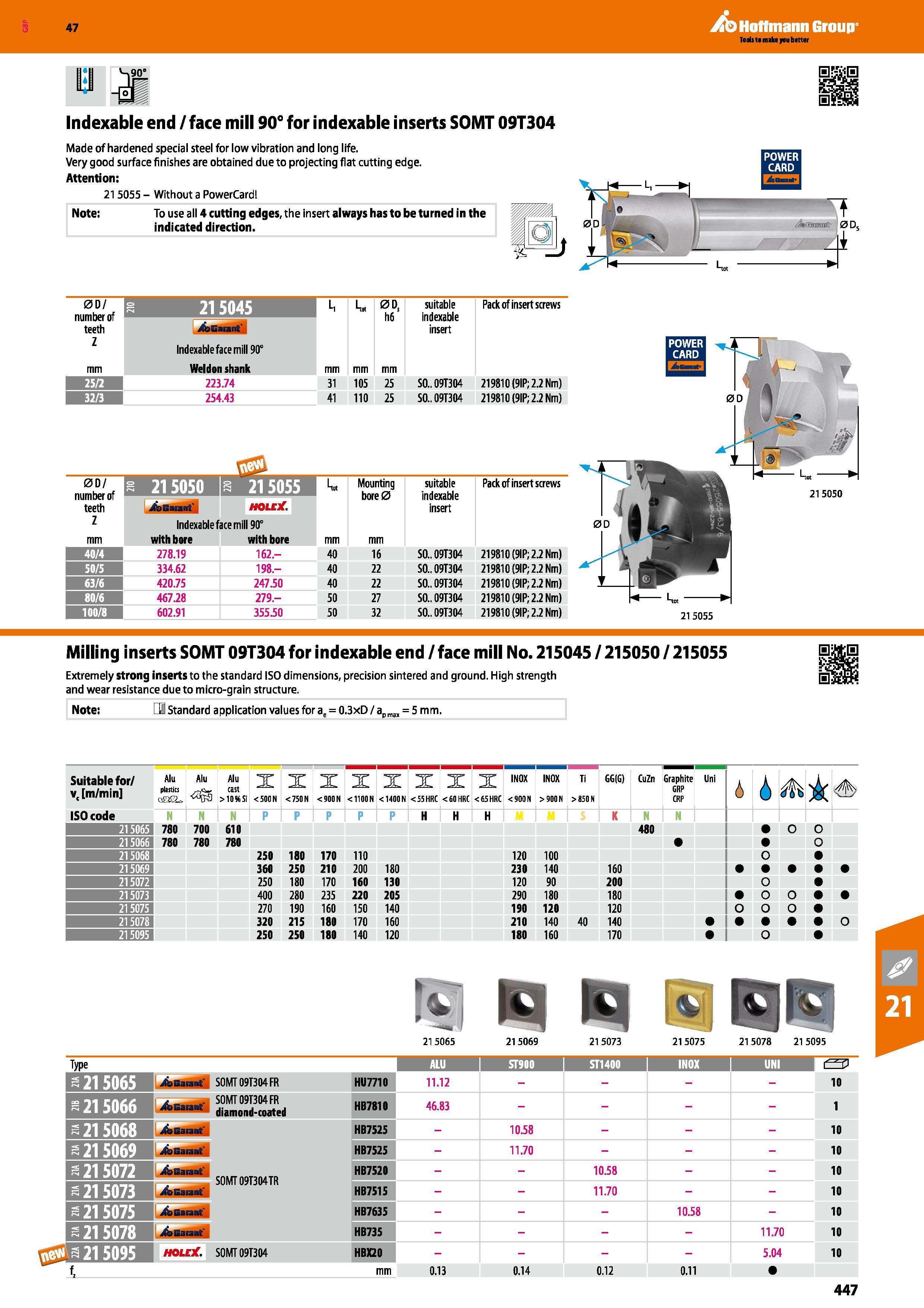 447 Hoffmann Group 47 Indexable end / face mill 90° for indexable inserts SOMT 09T304 Made of hardened special steel for low vibration and long life Каталог HOFFMANN GROUP 2016 Станочный режущий и вспомогательный инструмент для металлорежущих универсальных станков центров и комплексов с ЧПУ Версия 47 Стр. 447
