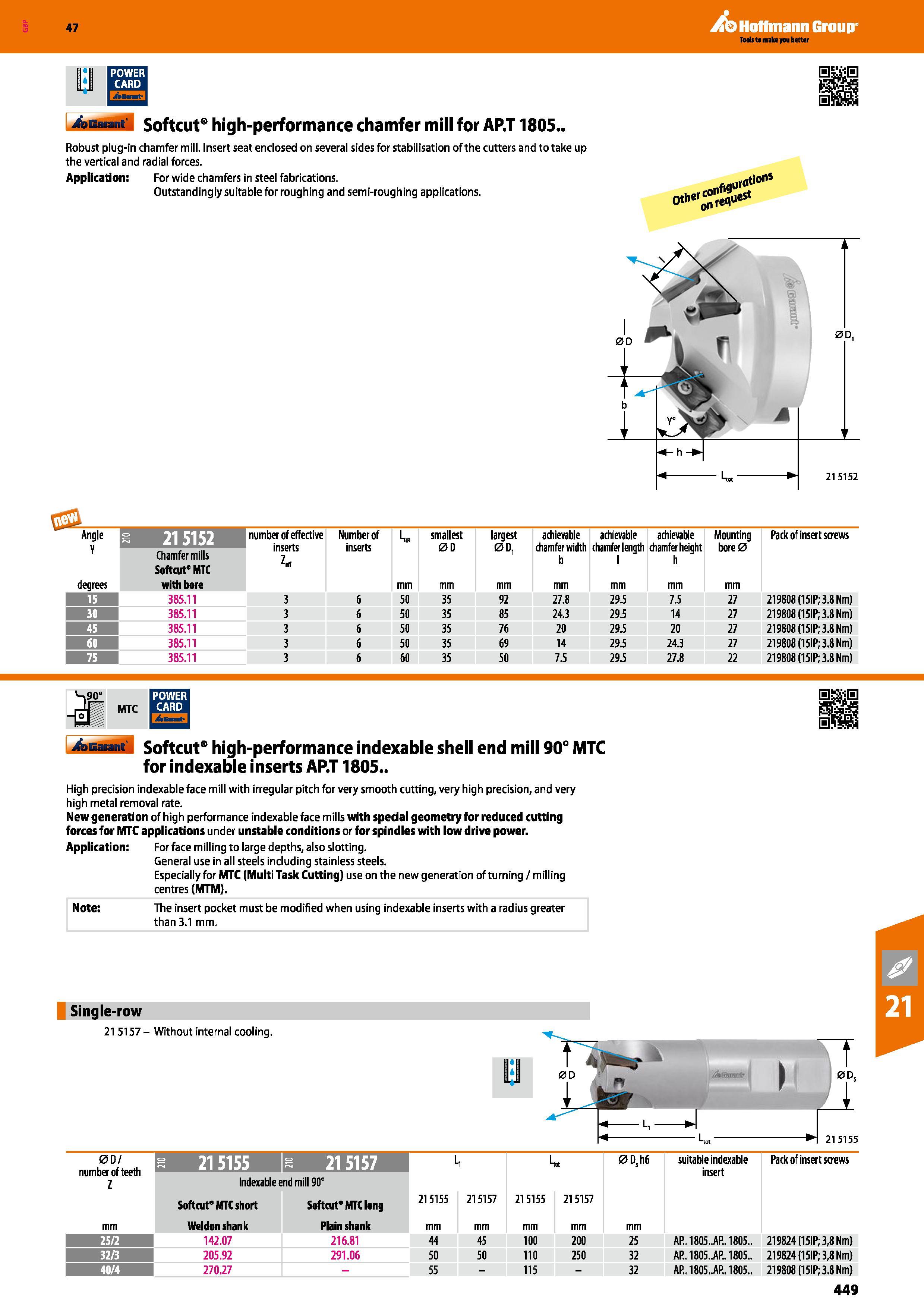 449 Hoffmann Group 47 III POWER CARD 4ssa til Softcut8 high-performance chamfer mill for AP T 1805 Robust plug-in chamfer mill Insert seat enclosed o Каталог HOFFMANN GROUP 2016 Станочный режущий и вспомогательный инструмент для металлорежущих универсальных станков центров и комплексов с ЧПУ Версия 47 Стр. 449