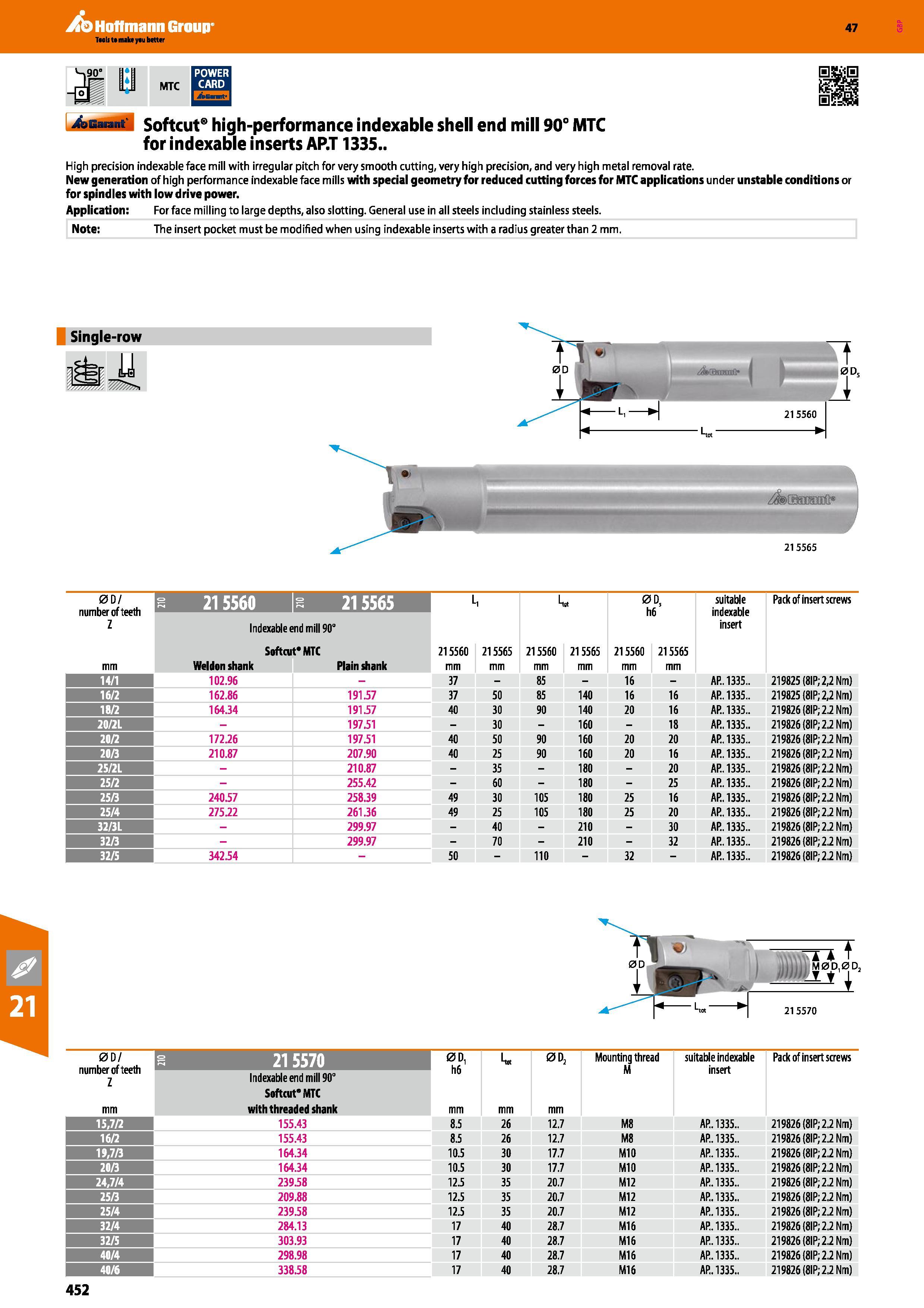 452 Hoffmann Group 47 MTC j&JGaiant‘ Softcut high-performance indexable shell end mill 90° MTC for indexable inserts AP T 1335 High precision indexab Каталог HOFFMANN GROUP 2016 Станочный режущий и вспомогательный инструмент для металлорежущих универсальных станков центров и комплексов с ЧПУ Версия 47 Стр. 452