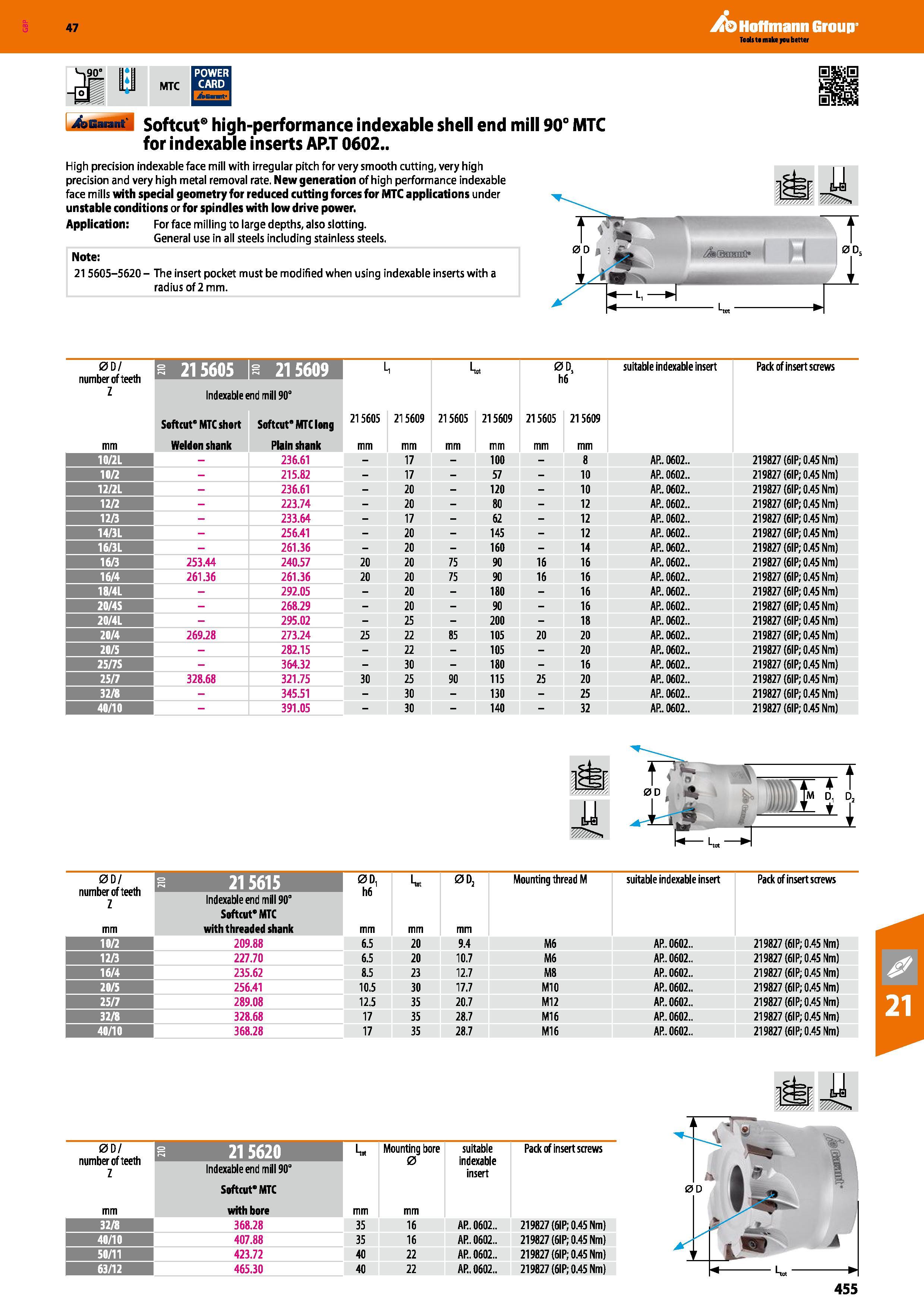 455 j&JGaiant‘ Softcut8 high-performance indexable shell end mill 90° MTC for indexable inserts AP T 0602 High precision indexable face mill with irr Каталог HOFFMANN GROUP 2016 Станочный режущий и вспомогательный инструмент для металлорежущих универсальных станков центров и комплексов с ЧПУ Версия 47 Стр. 455