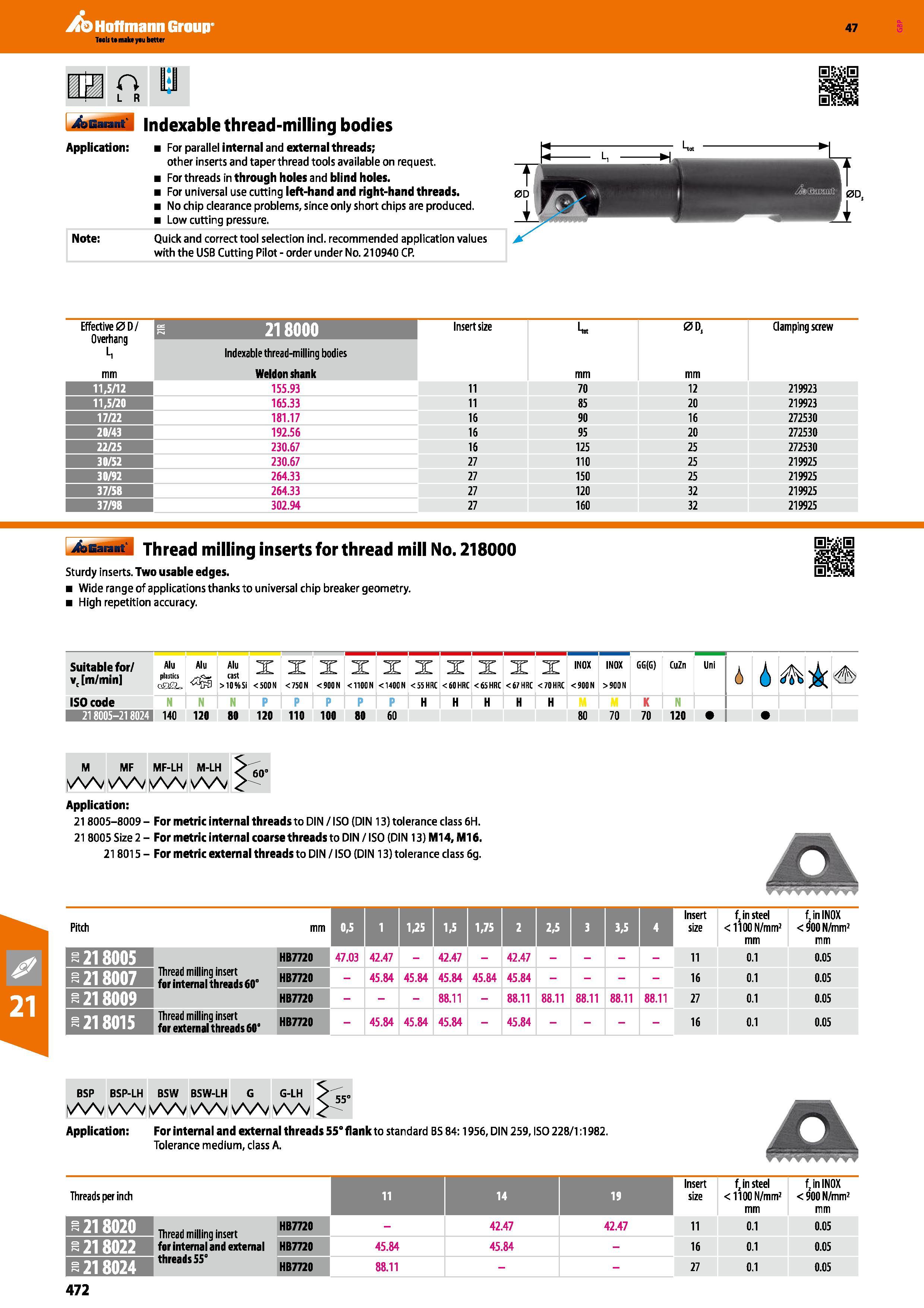 472 Hoffmann Group 47 a o L R bBaiant indexable thread-milling bodies Application: For parallel internal and external threads; other inserts and tape Каталог HOFFMANN GROUP 2016 Станочный режущий и вспомогательный инструмент для металлорежущих универсальных станков центров и комплексов с ЧПУ Версия 47 Стр. 472