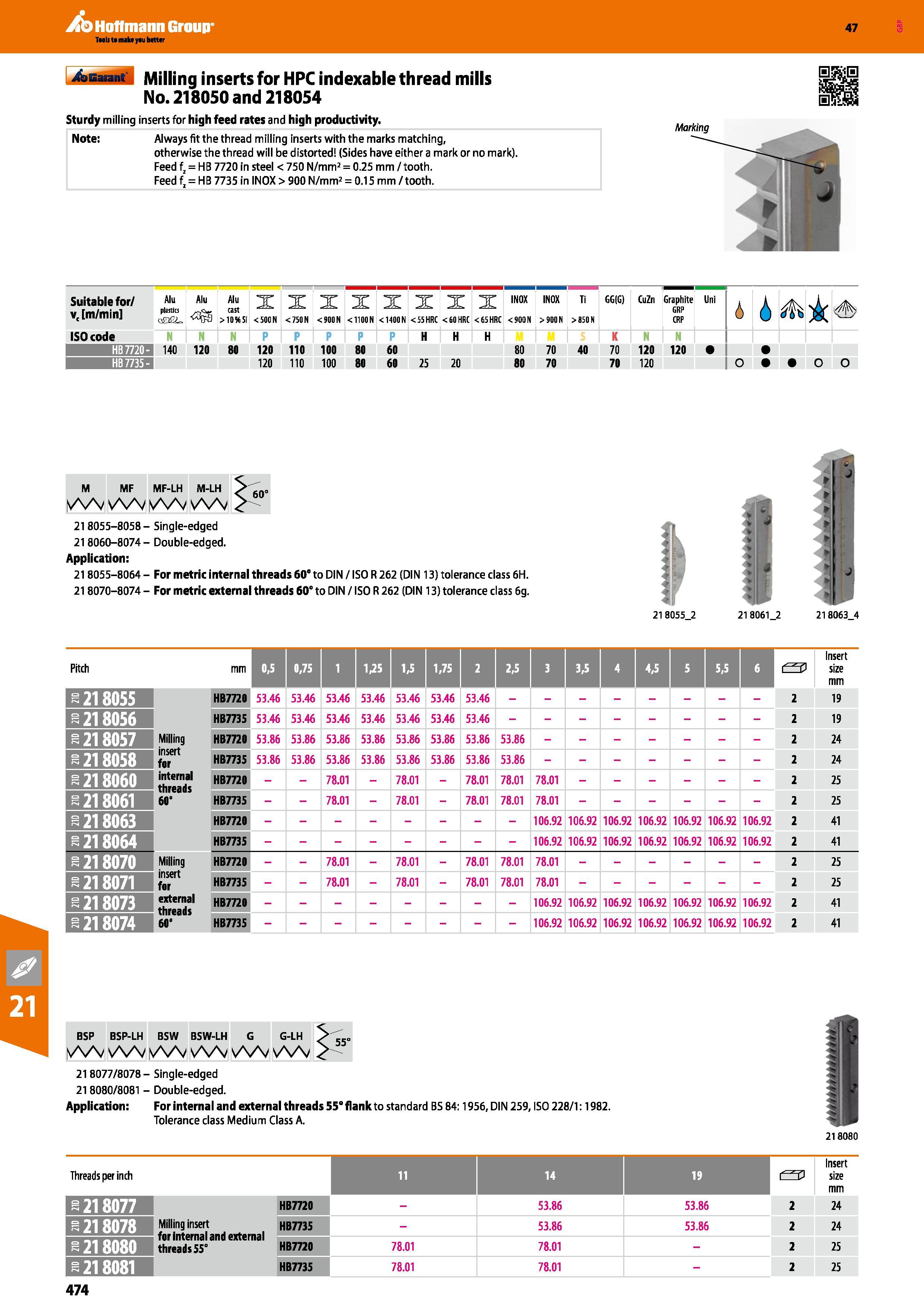 474 >Earant Milling inserts for HPC indexable thread mills No 218050 and 218054 Sturdy milling inserts for high feed rates and high productivity Note Каталог HOFFMANN GROUP 2016 Станочный режущий и вспомогательный инструмент для металлорежущих универсальных станков центров и комплексов с ЧПУ Версия 47 Стр. 474