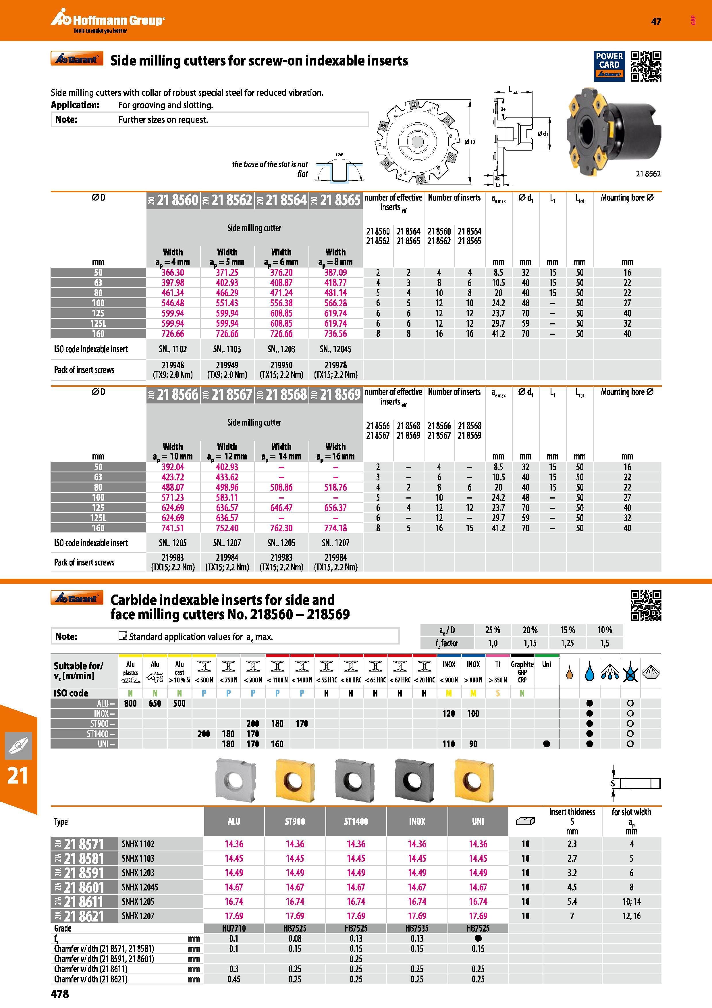478 Hoffmann Group 47 Side milling cutters for screw-on indexable inserts Side milling cutters with collar of robust special steel for reduced vibrat Каталог HOFFMANN GROUP 2016 Станочный режущий и вспомогательный инструмент для металлорежущих универсальных станков центров и комплексов с ЧПУ Версия 47 Стр. 478
