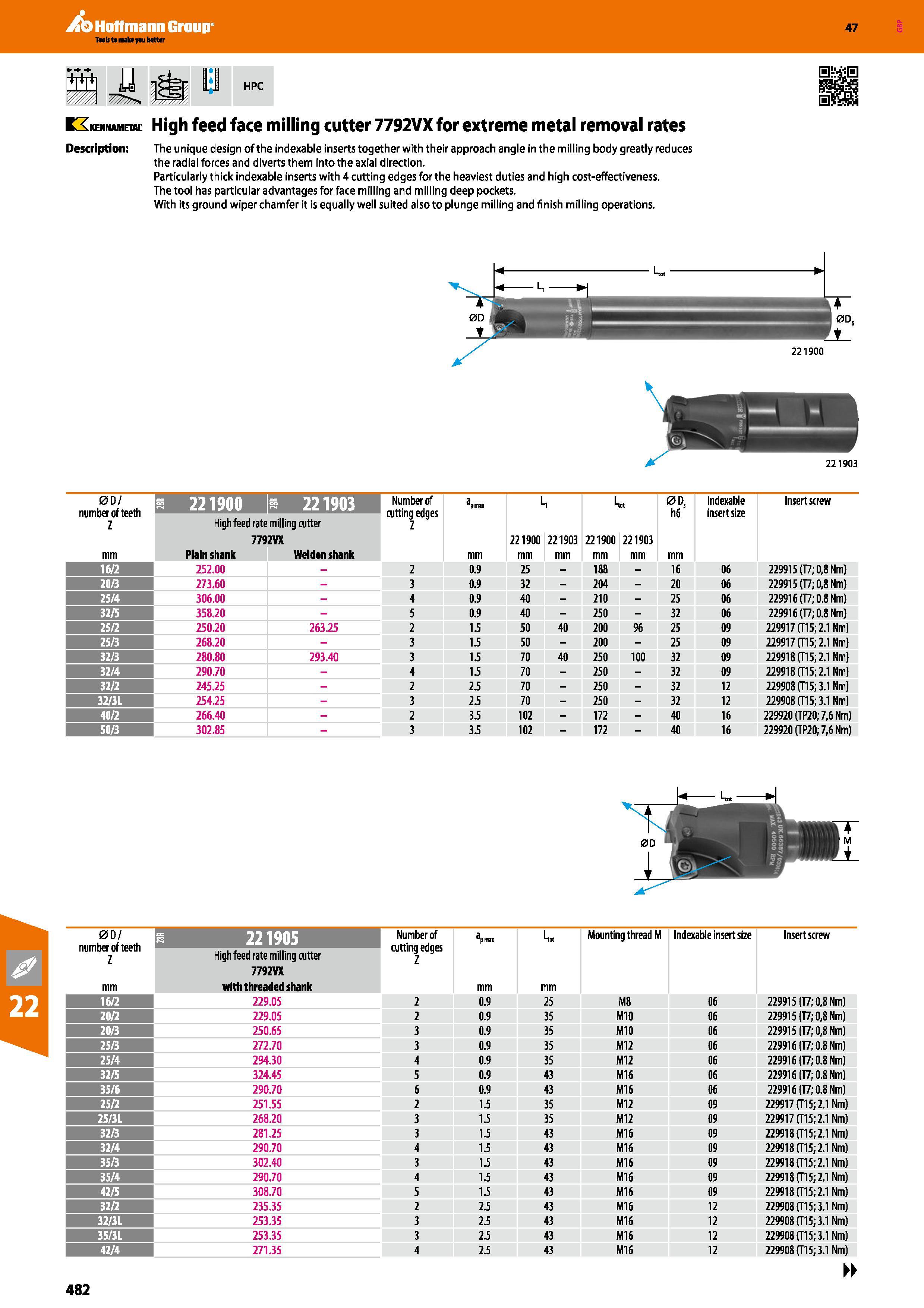 482 Hkehnah High feed face milling cutter 7792VX for extreme metal removal rates Description: The unique design of the indexable inserts together wit Каталог HOFFMANN GROUP 2016 Станочный режущий и вспомогательный инструмент для металлорежущих универсальных станков центров и комплексов с ЧПУ Версия 47 Стр. 482