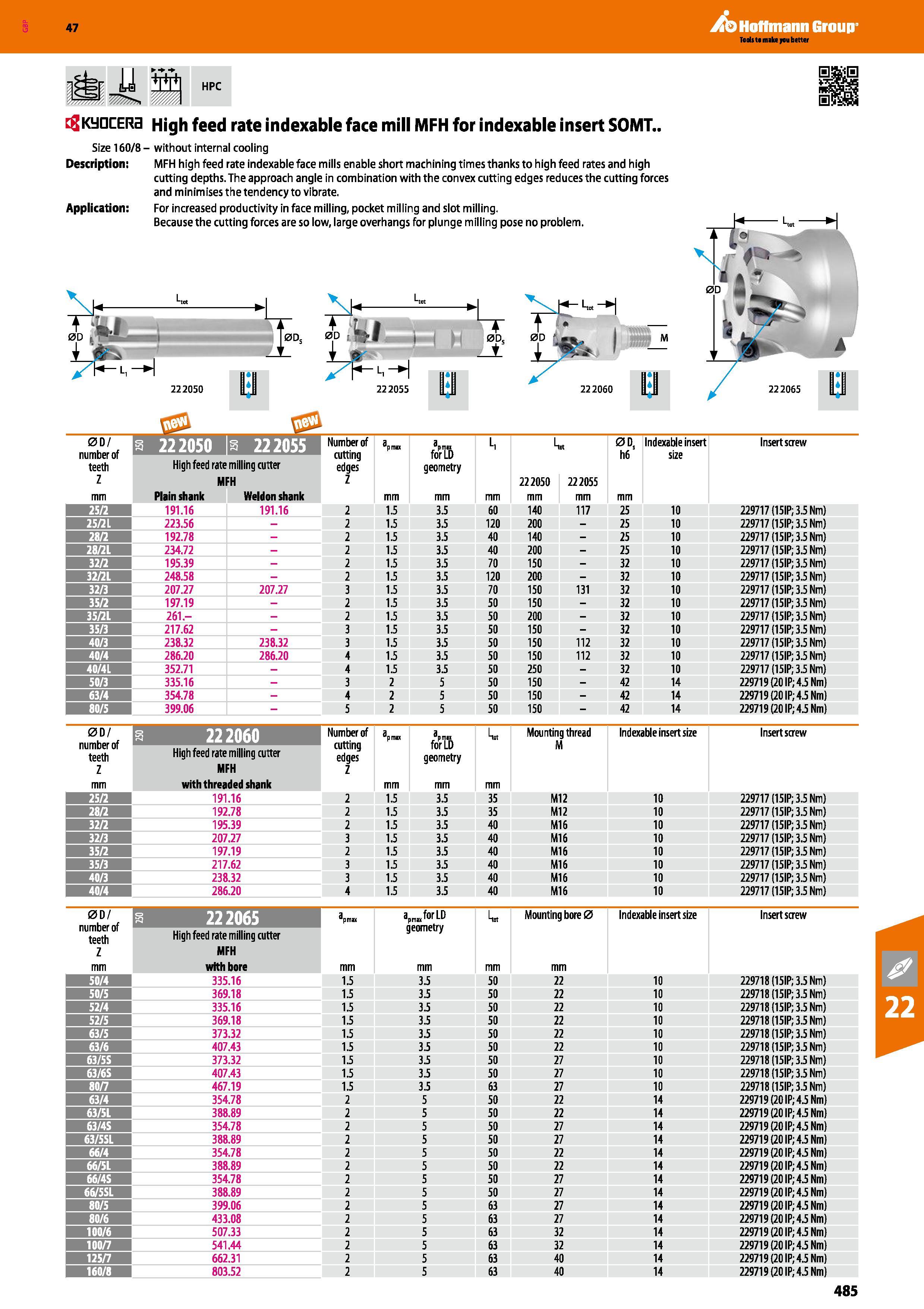 485 Hoffmann Group 47 HPC flKyQCERa High feed rate indexable face mill MFH for indexable insert SOMT Size 160/8 - without internal cooling Descriptio Каталог HOFFMANN GROUP 2016 Станочный режущий и вспомогательный инструмент для металлорежущих универсальных станков центров и комплексов с ЧПУ Версия 47 Стр. 485