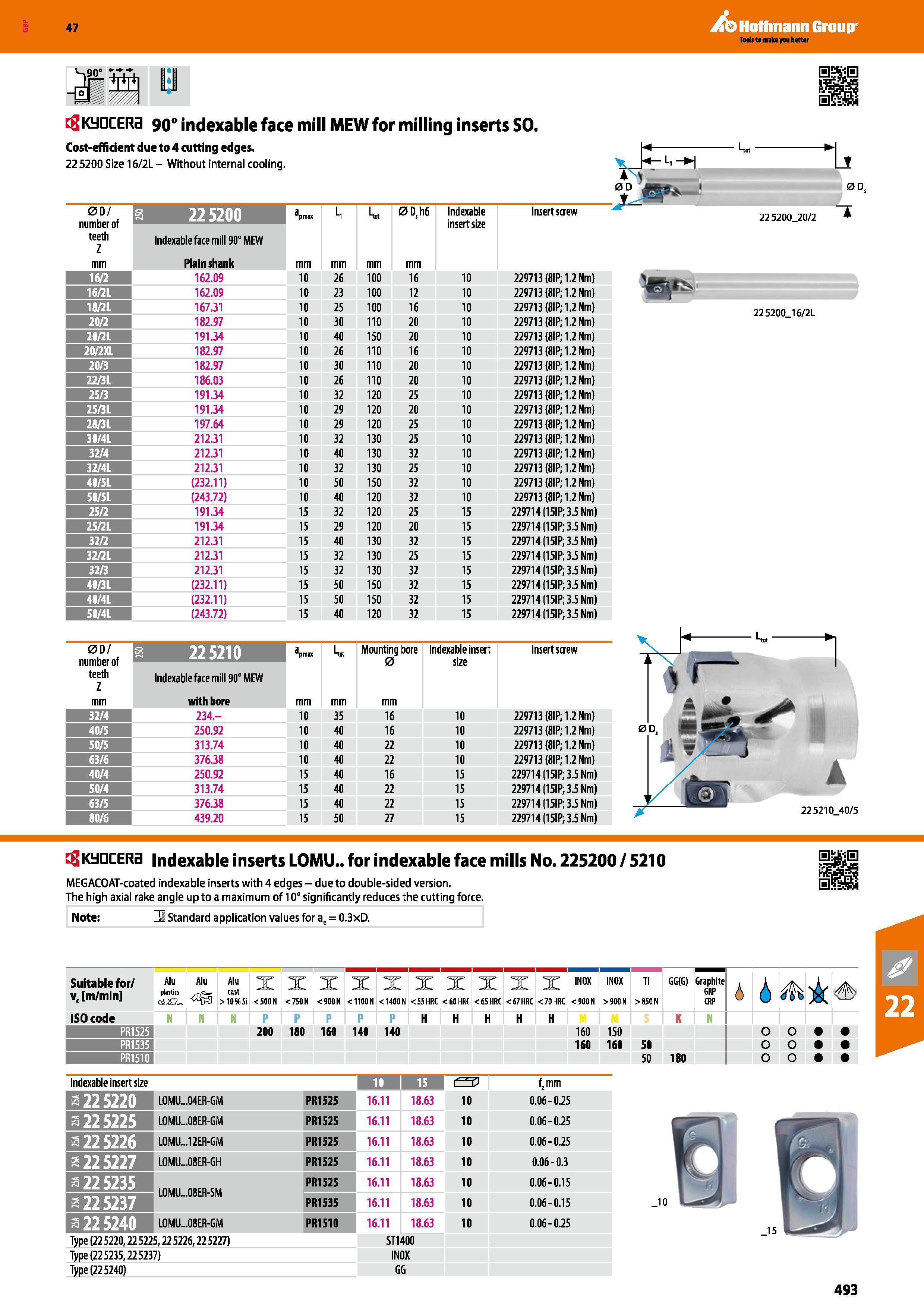 493 Hoffmann Group 47 flKyQCERa 90° indexable face mill MEW for milling inserts SO Cost-efficient due to 4 cutting edges 22 5200 Size 16/2L- Without Каталог HOFFMANN GROUP 2016 Станочный режущий и вспомогательный инструмент для металлорежущих универсальных станков центров и комплексов с ЧПУ Версия 47 Стр. 493