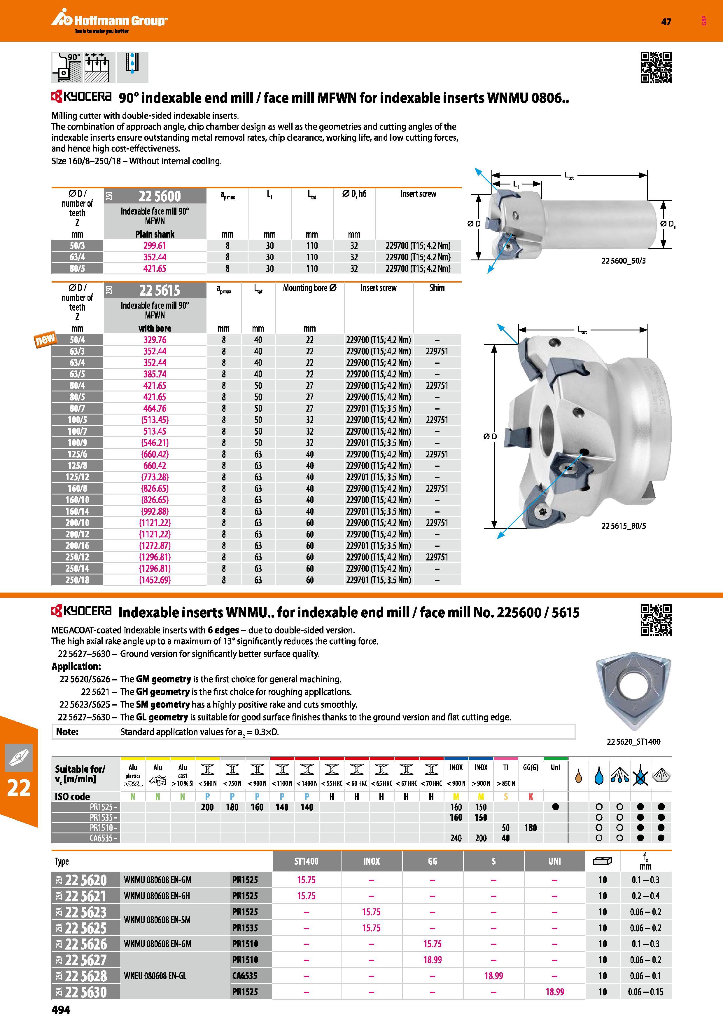 494 Hoffmann Group 47 flKyQCERa 90° indexable end mill / face mill MFWN for indexable inserts WNMU 0806 Milling cutter with double-sided indexable in Каталог HOFFMANN GROUP 2016 Станочный режущий и вспомогательный инструмент для металлорежущих универсальных станков центров и комплексов с ЧПУ Версия 47 Стр. 494