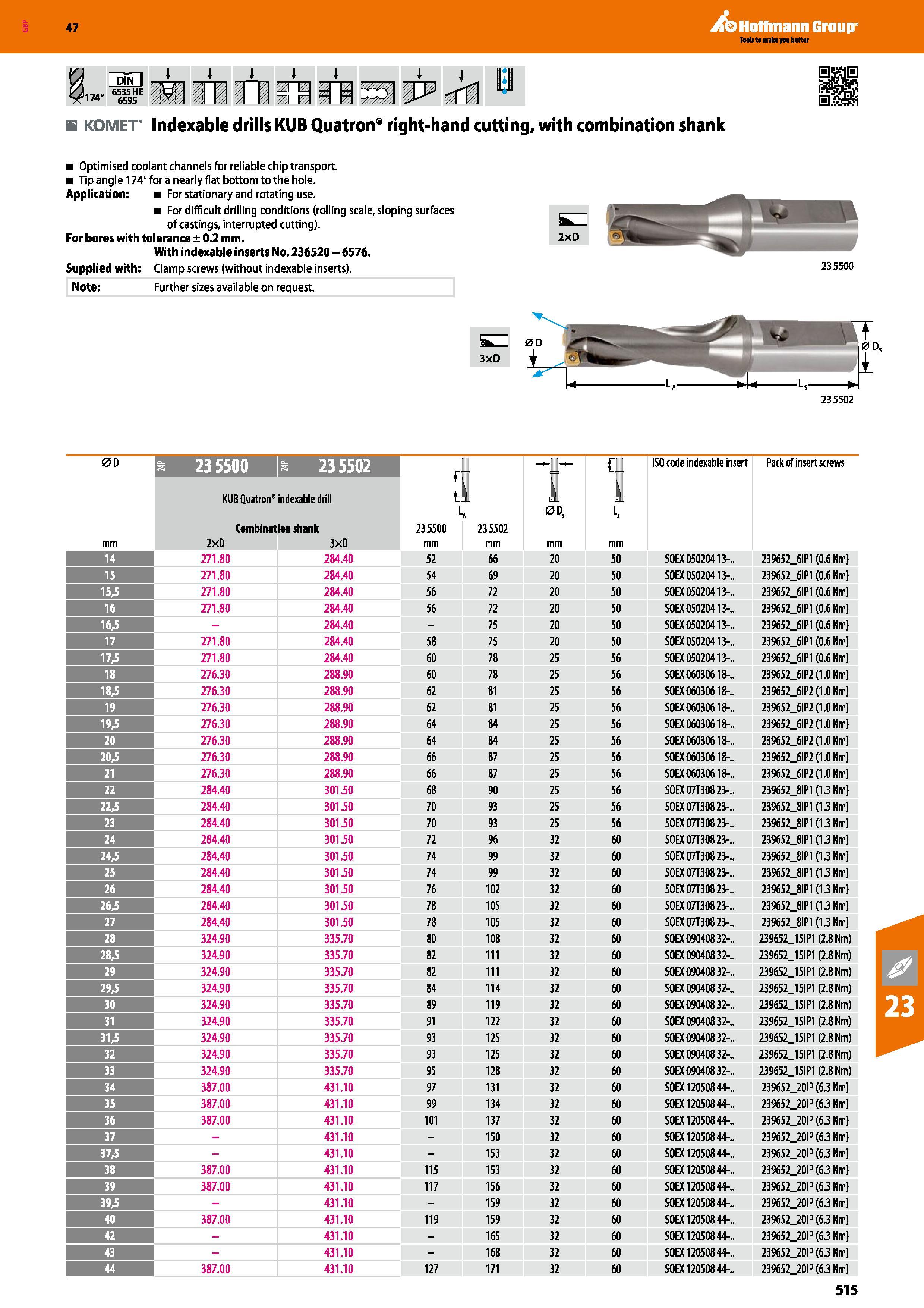 515 Hoffmann Group 47 B KOMET Indexable drills KUB Quatron right-hand cutting, with combination shank Optimised coolant channels for reliable chip tr Каталог HOFFMANN GROUP 2016 Станочный режущий и вспомогательный инструмент для металлорежущих универсальных станков центров и комплексов с ЧПУ Версия 47 Стр. 515