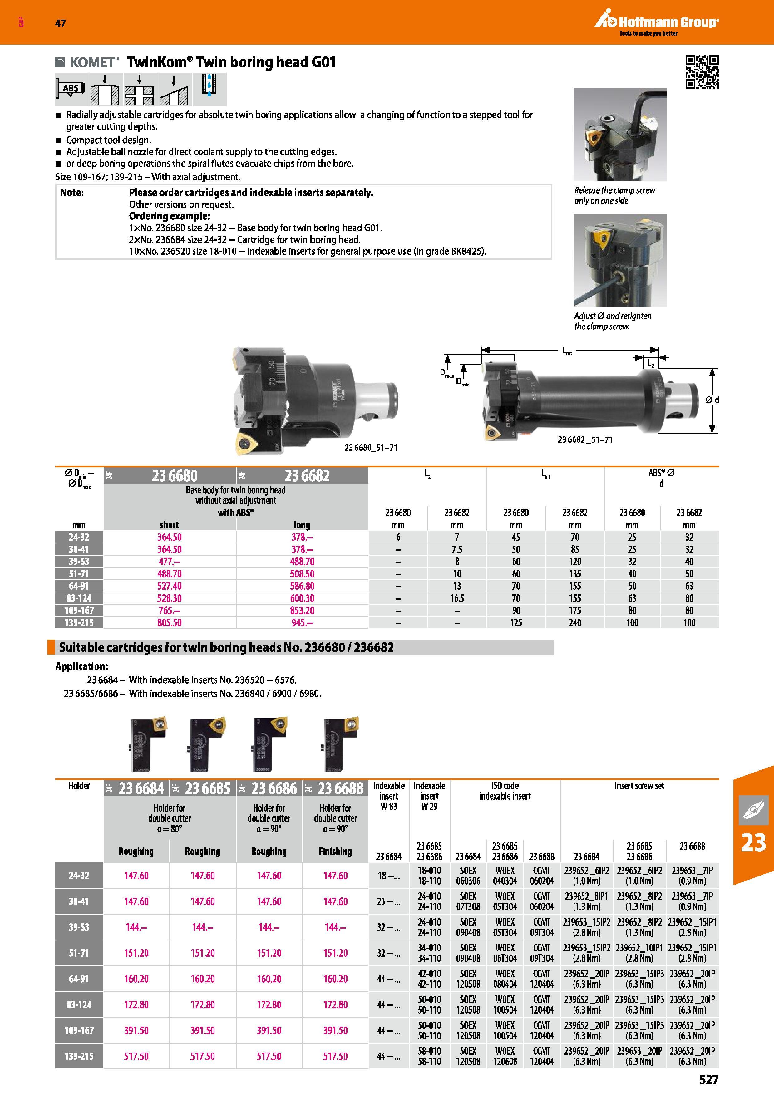 527 Hoffmann Group 47 B KOMET TwinKom Twin boring head G01 Radially adjustable cartridges for absolute twin boring applications allow a changing of f Каталог HOFFMANN GROUP 2016 Станочный режущий и вспомогательный инструмент для металлорежущих универсальных станков центров и комплексов с ЧПУ Версия 47 Стр. 527