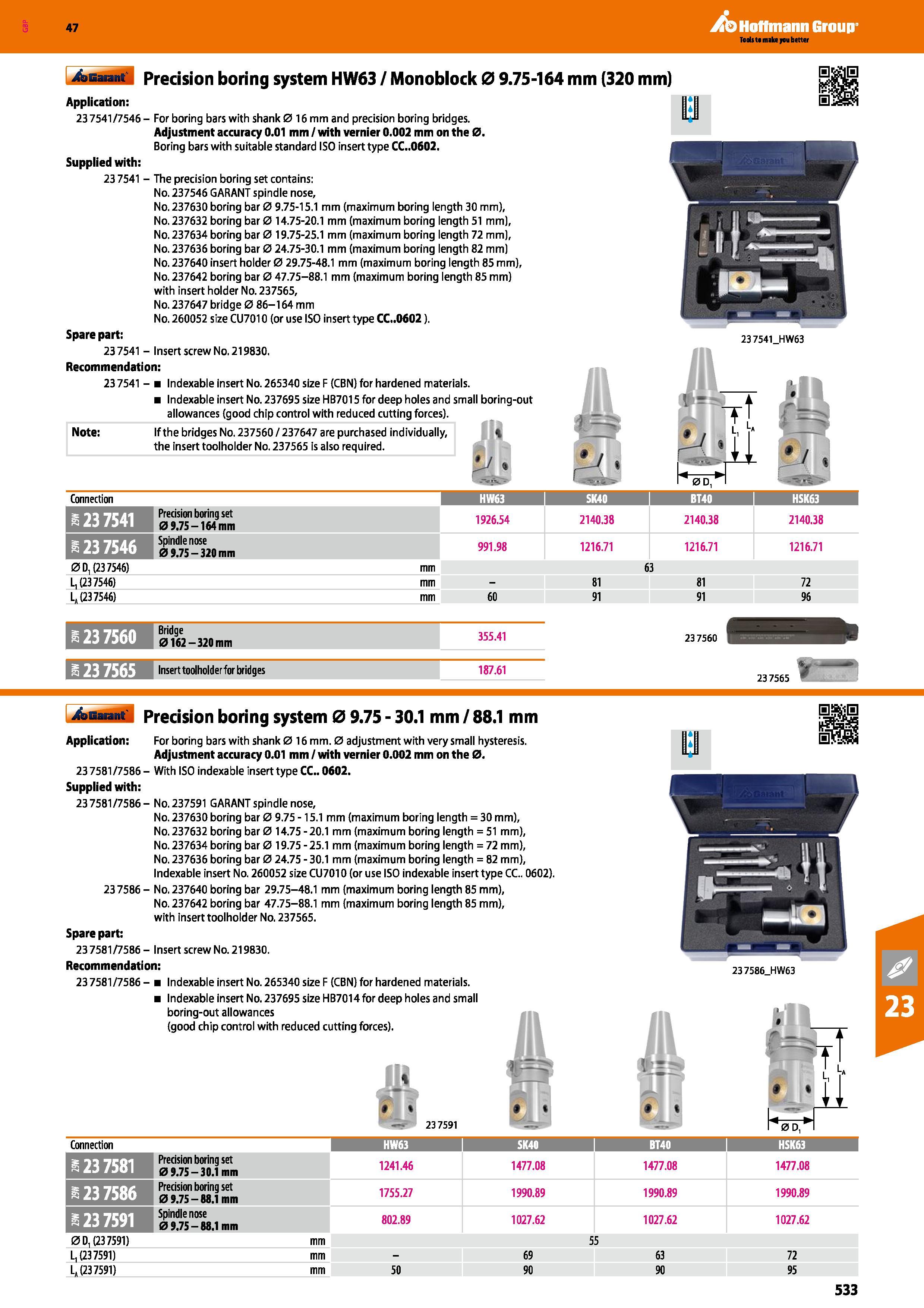 533 Hoffmann Group 47 Precision boring system HW63 / Monoblock 0 9 75-164 Application: 237541/7546- For boring bars with shank 0 16 mm and precision Каталог HOFFMANN GROUP 2016 Станочный режущий и вспомогательный инструмент для металлорежущих универсальных станков центров и комплексов с ЧПУ Версия 47 Стр. 533