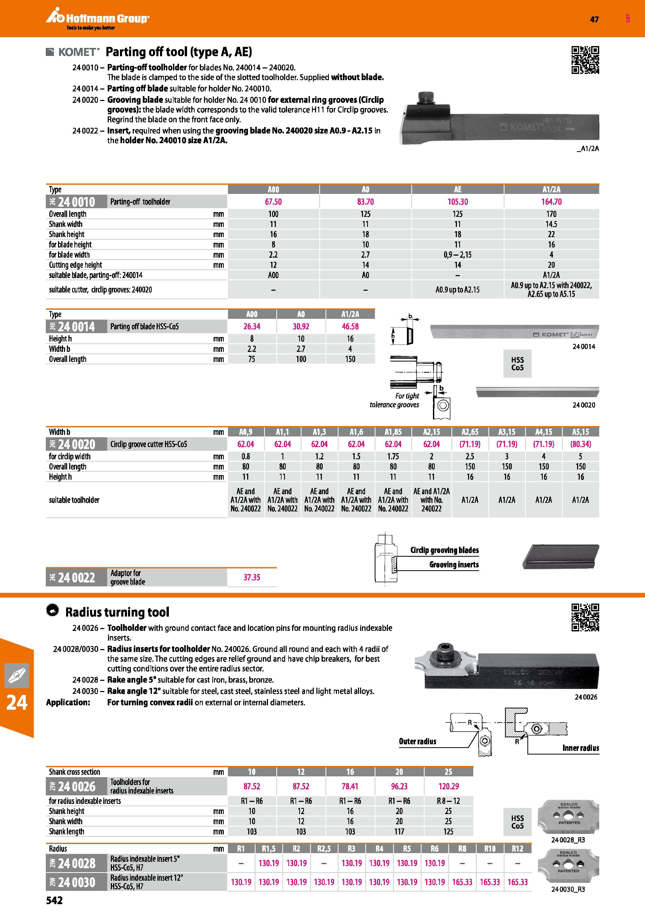 542 Hoffmann Group 47 B KOMET Parting off tool (type A, AE) 240010 - Parting-off toolholder for blades No 240014 - 240020 The blade is clamped to the Каталог HOFFMANN GROUP 2016 Станочный режущий и вспомогательный инструмент для металлорежущих универсальных станков центров и комплексов с ЧПУ Версия 47 Стр. 542