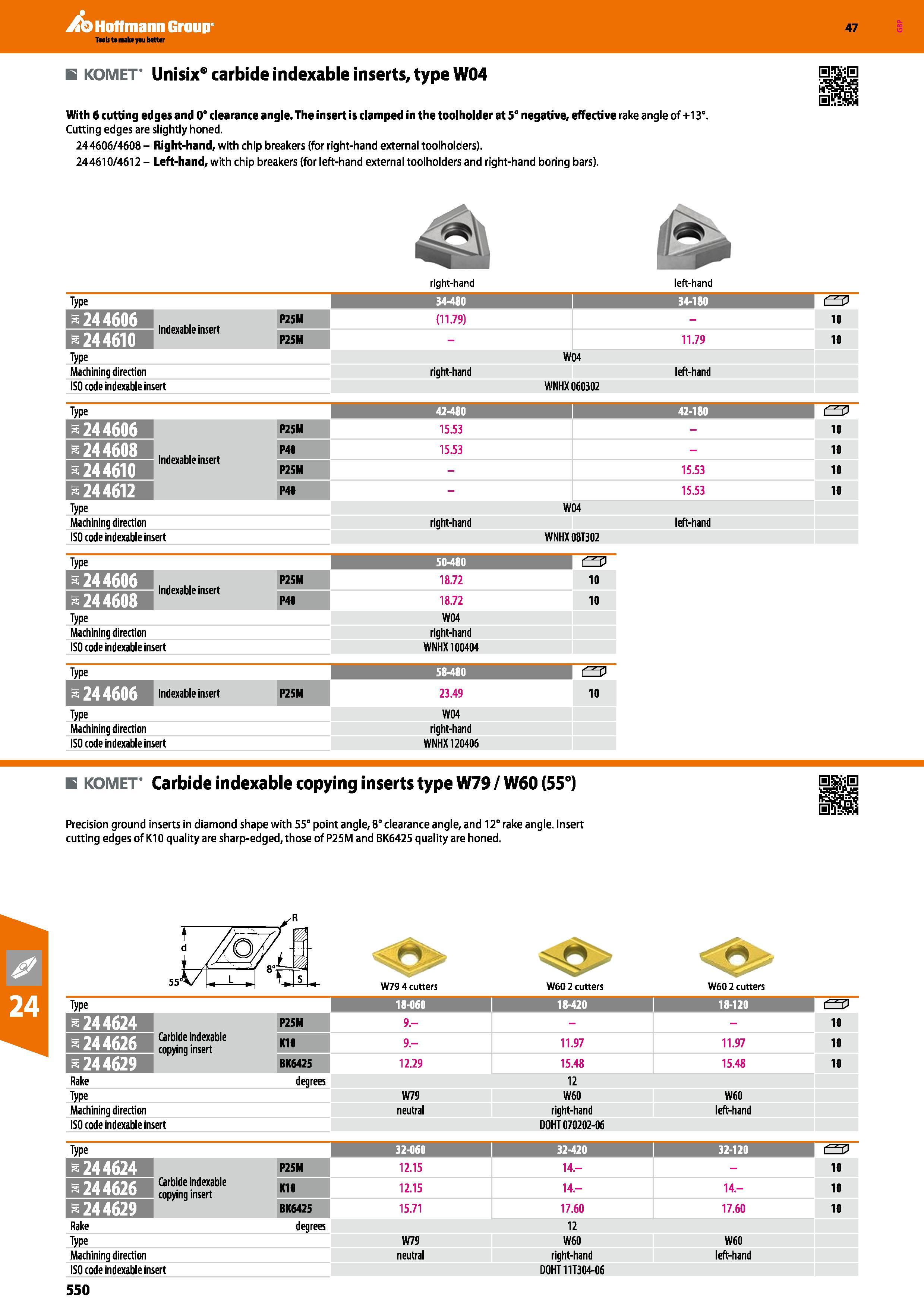 550 Hoffmann Group 47 B KOMET Unisix carbide indexable inserts, type W04 With 6 cutting edges and 0° clearance angle The insert is clamped in the too Каталог HOFFMANN GROUP 2016 Станочный режущий и вспомогательный инструмент для металлорежущих универсальных станков центров и комплексов с ЧПУ Версия 47 Стр. 550