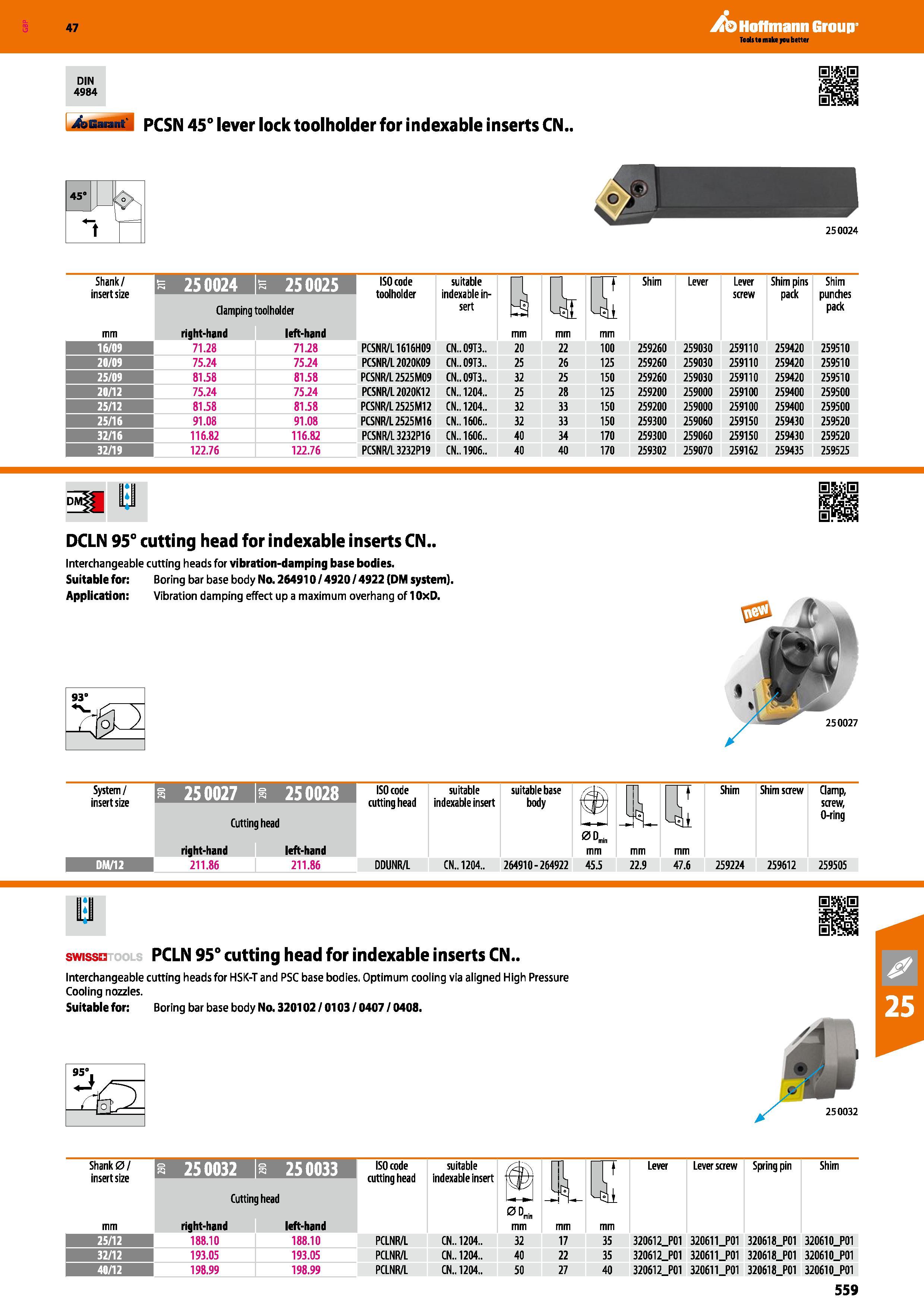 559 47 Hoffmann Group DIN 4984 4asat M PCSN 45° lever lock toolholder for indexable inserts CN 45 250024 Shank/ insert size Clamping toolholder 25002 Каталог HOFFMANN GROUP 2016 Станочный режущий и вспомогательный инструмент для металлорежущих универсальных станков центров и комплексов с ЧПУ Версия 47 Стр. 559