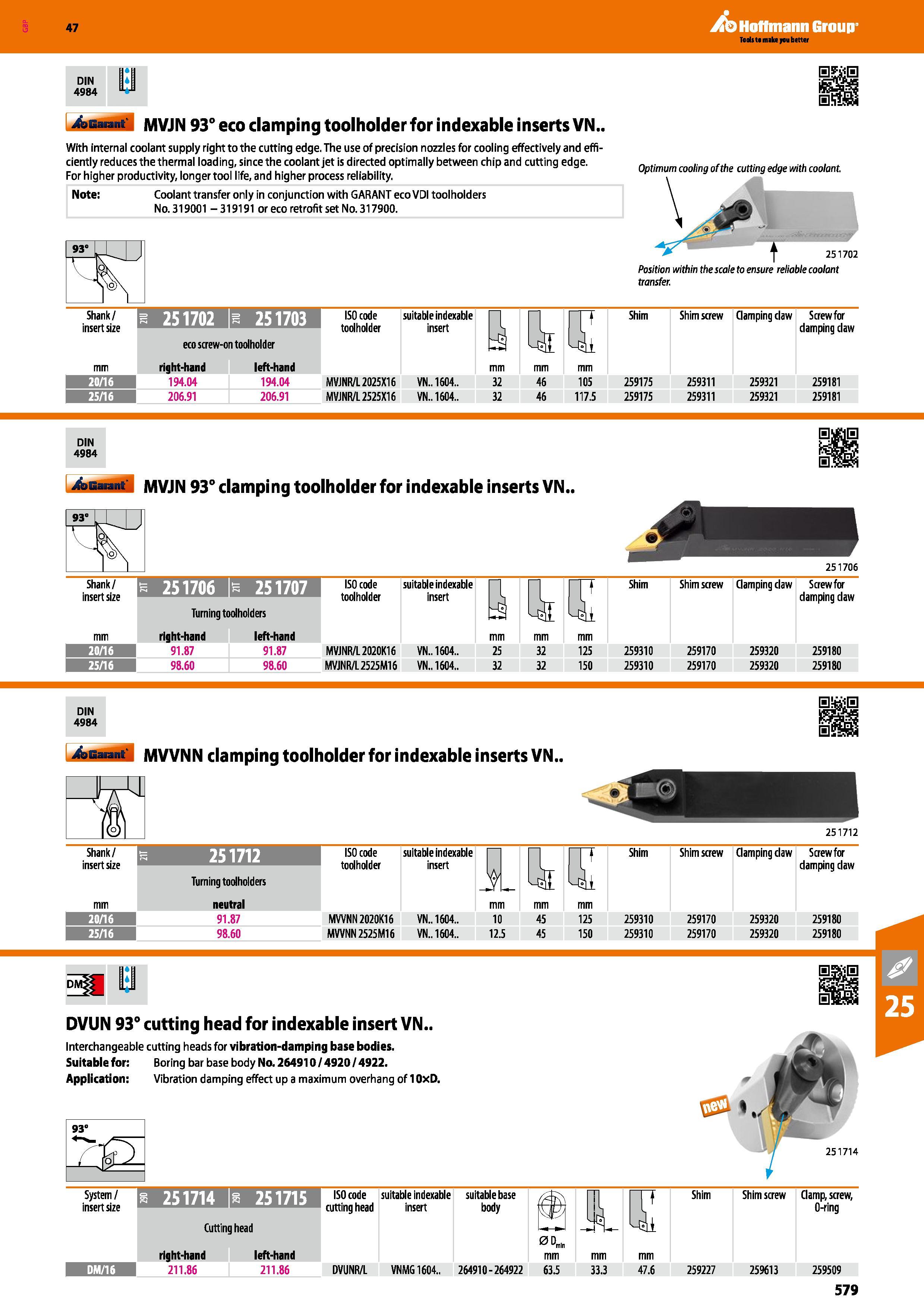 579 Hoffmann Group 47 DIN 4984 4aBM id MVJN 93° eco clamping toolholder for indexable inserts VN With internal coolant supply right to the cutting ed Каталог HOFFMANN GROUP 2016 Станочный режущий и вспомогательный инструмент для металлорежущих универсальных станков центров и комплексов с ЧПУ Версия 47 Стр. 579