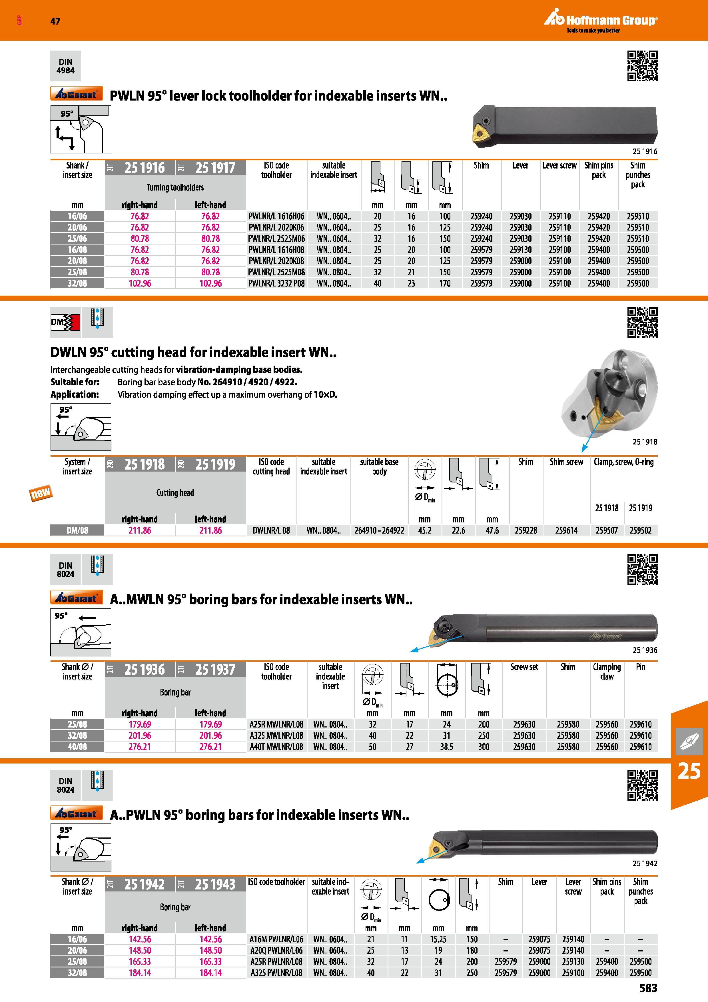 583 Hoffmann Group 47 DIN 4984 4asat M PWLN 95° lever lock toolholder for indexable inserts WN 95° Shank/ insert size 251916 e 251917 Turning toolhol Каталог HOFFMANN GROUP 2016 Станочный режущий и вспомогательный инструмент для металлорежущих универсальных станков центров и комплексов с ЧПУ Версия 47 Стр. 583