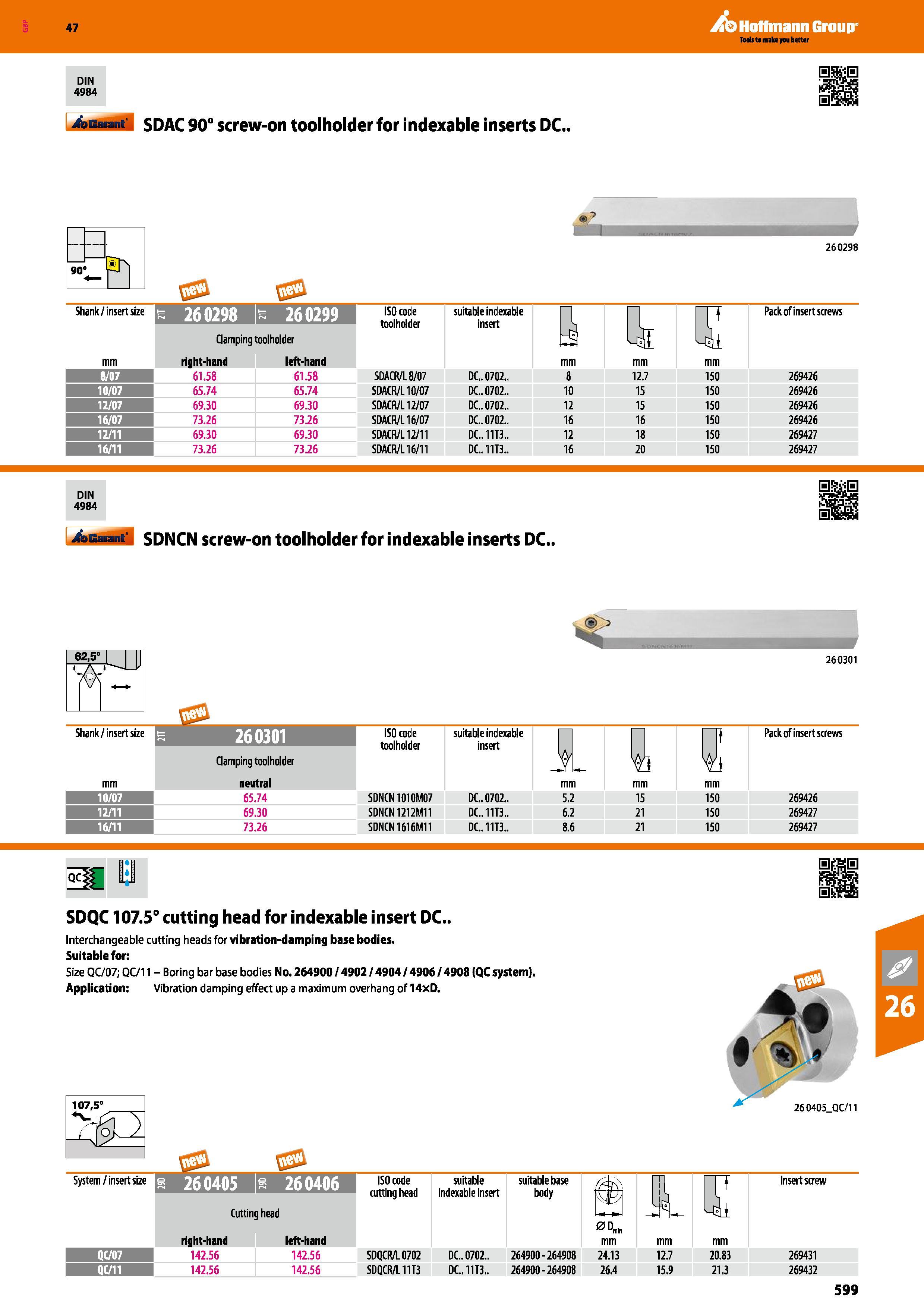 599 Hoffmann Group 47 DIN 4984 4asat M SDAC 90° screw-on toolholder for indexable inserts DC 90 260298 Shank /insert size 260298 N 260299 Clamping to Каталог HOFFMANN GROUP 2016 Станочный режущий и вспомогательный инструмент для металлорежущих универсальных станков центров и комплексов с ЧПУ Версия 47 Стр. 599