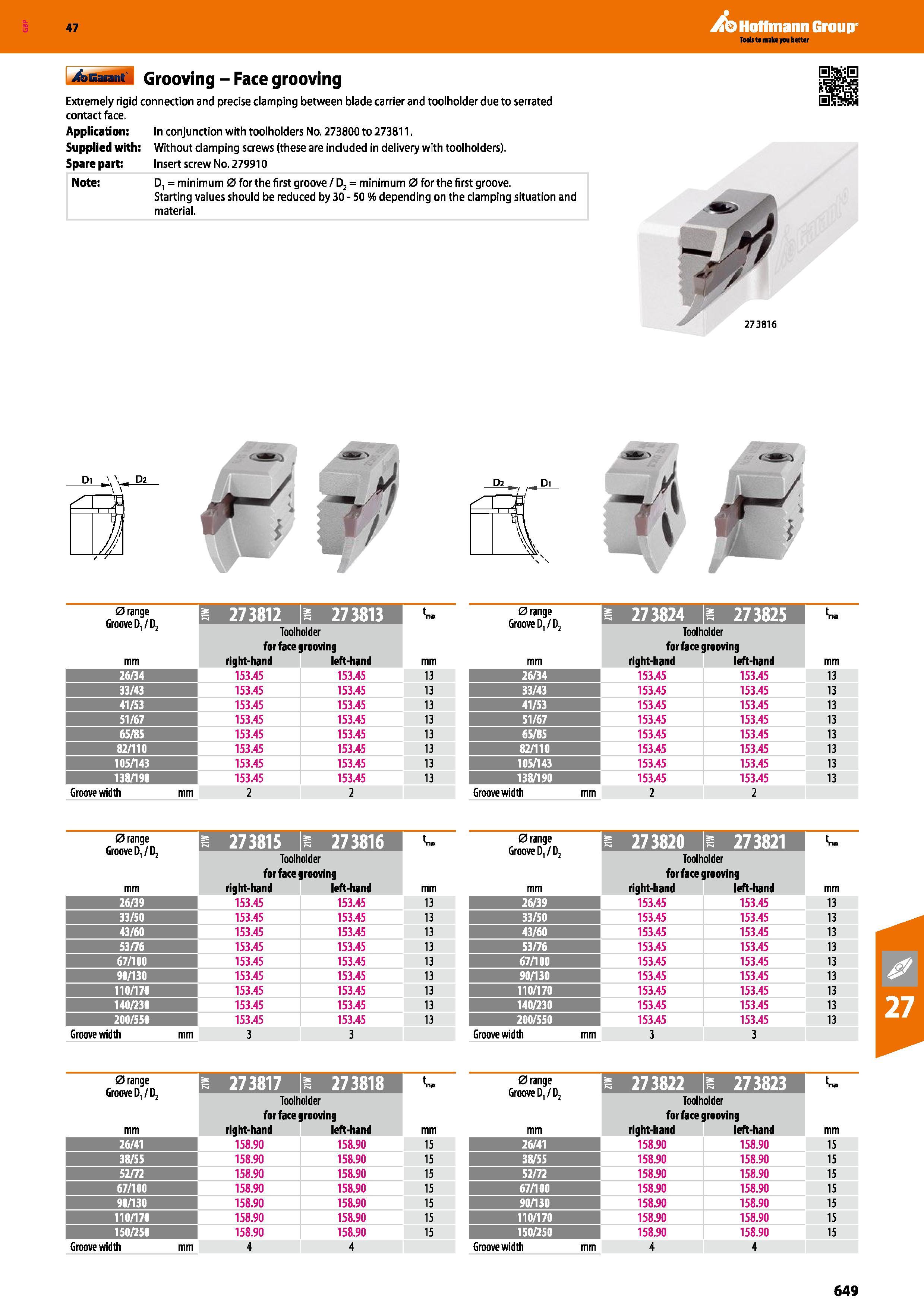 649 Hoffmann Group 47 Grooving - Face grooving Extremely rigid connection and precise clamping between blade carrier and toolholder due to serrated c Каталог HOFFMANN GROUP 2016 Станочный режущий и вспомогательный инструмент для металлорежущих универсальных станков центров и комплексов с ЧПУ Версия 47 Стр. 649