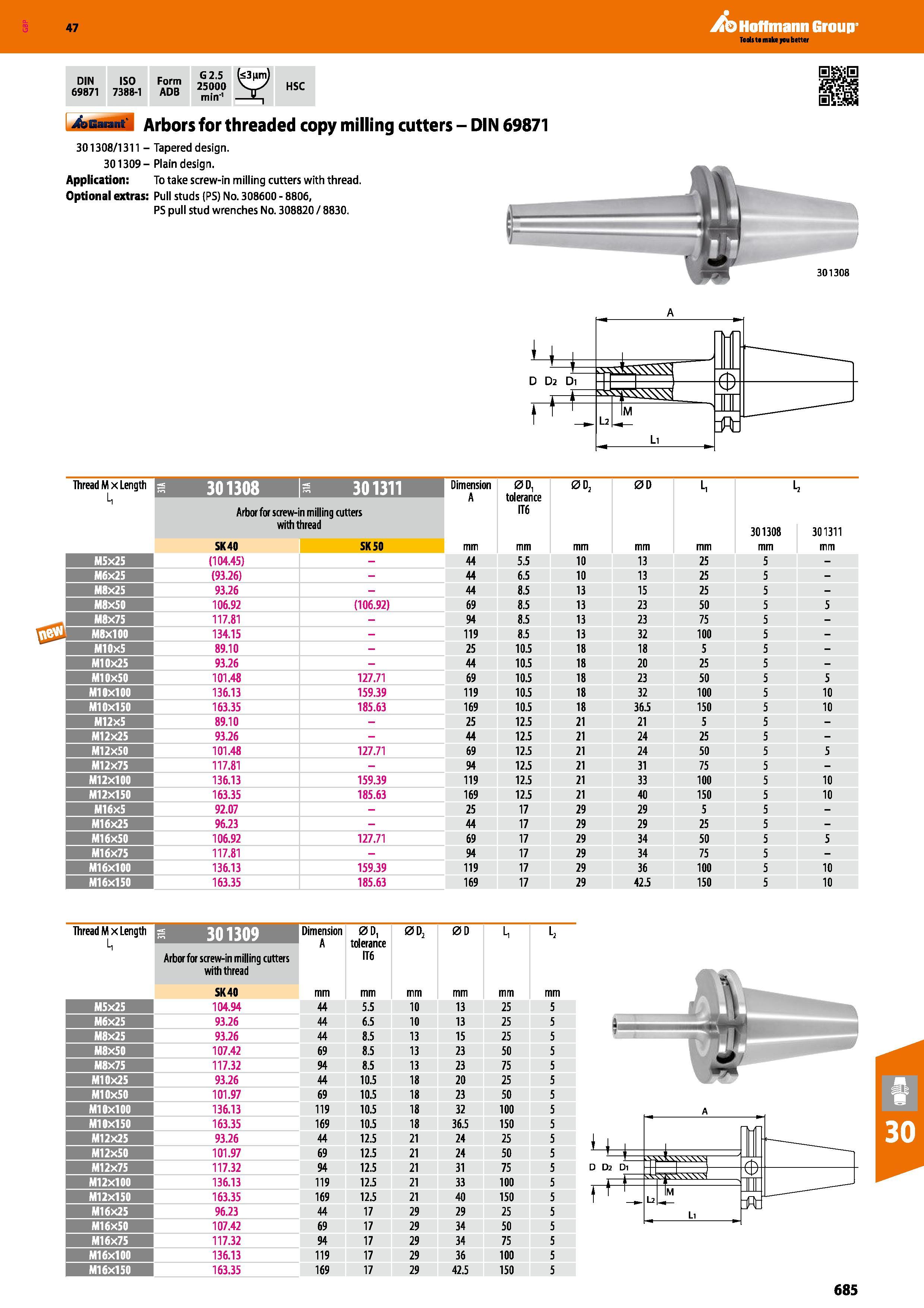 685 Hoffmann Group 47 DIN 69871 ISO 7388-1 Form ADB G 2 5 25000 min-1 b3nm) HSC I 4asat M Arbors for threaded copy milling cutters - DIN 69871 301308 Каталог HOFFMANN GROUP 2016 Станочный режущий и вспомогательный инструмент для металлорежущих универсальных станков центров и комплексов с ЧПУ Версия 47 Стр. 685