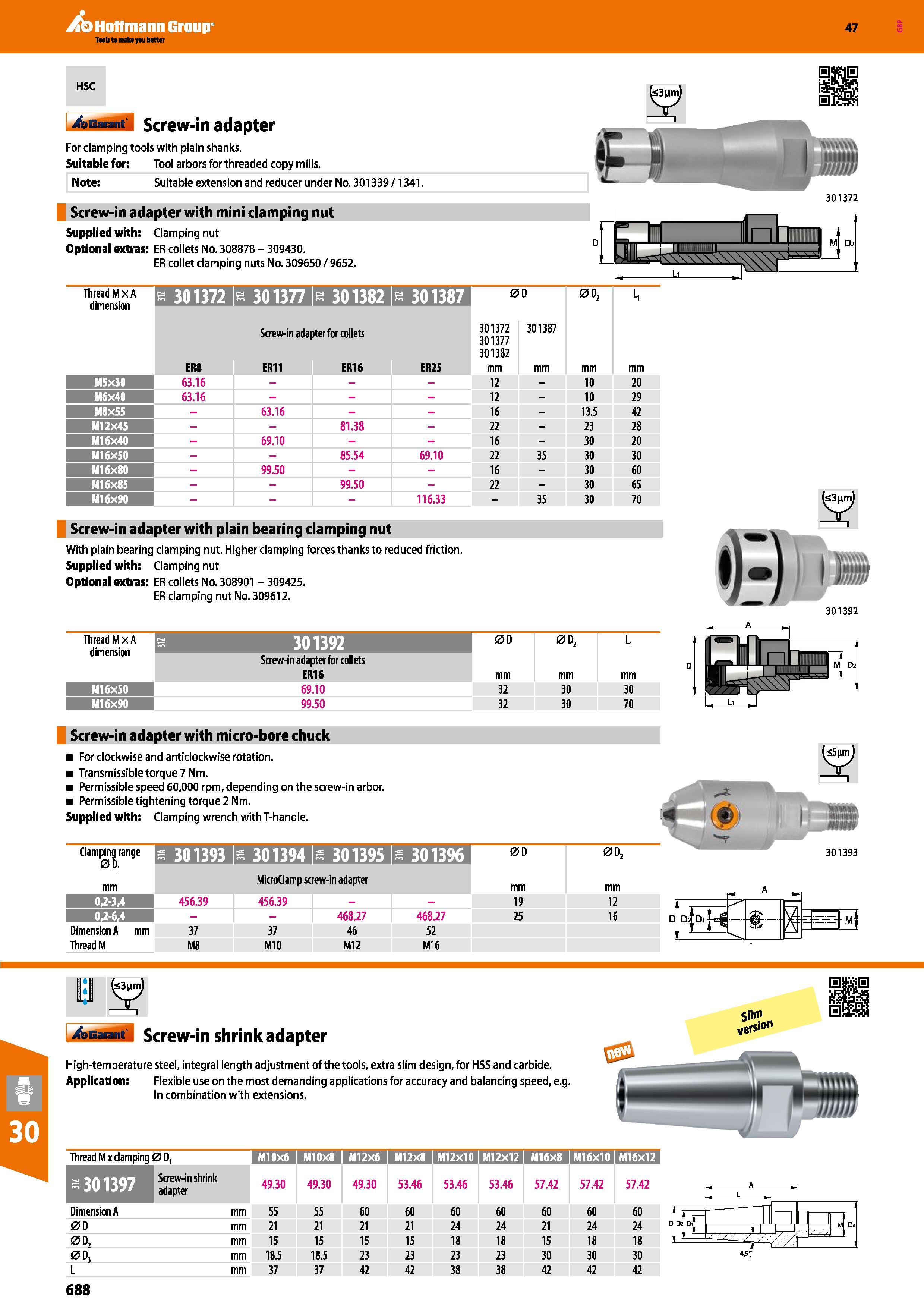 688 Hoffmann Group 47 HSC 4asat M Screw-in adapter For clamping tools with plain shanks Suitable for: Tool arbors for threaded copy mills Note: Suita Каталог HOFFMANN GROUP 2016 Станочный режущий и вспомогательный инструмент для металлорежущих универсальных станков центров и комплексов с ЧПУ Версия 47 Стр. 688
