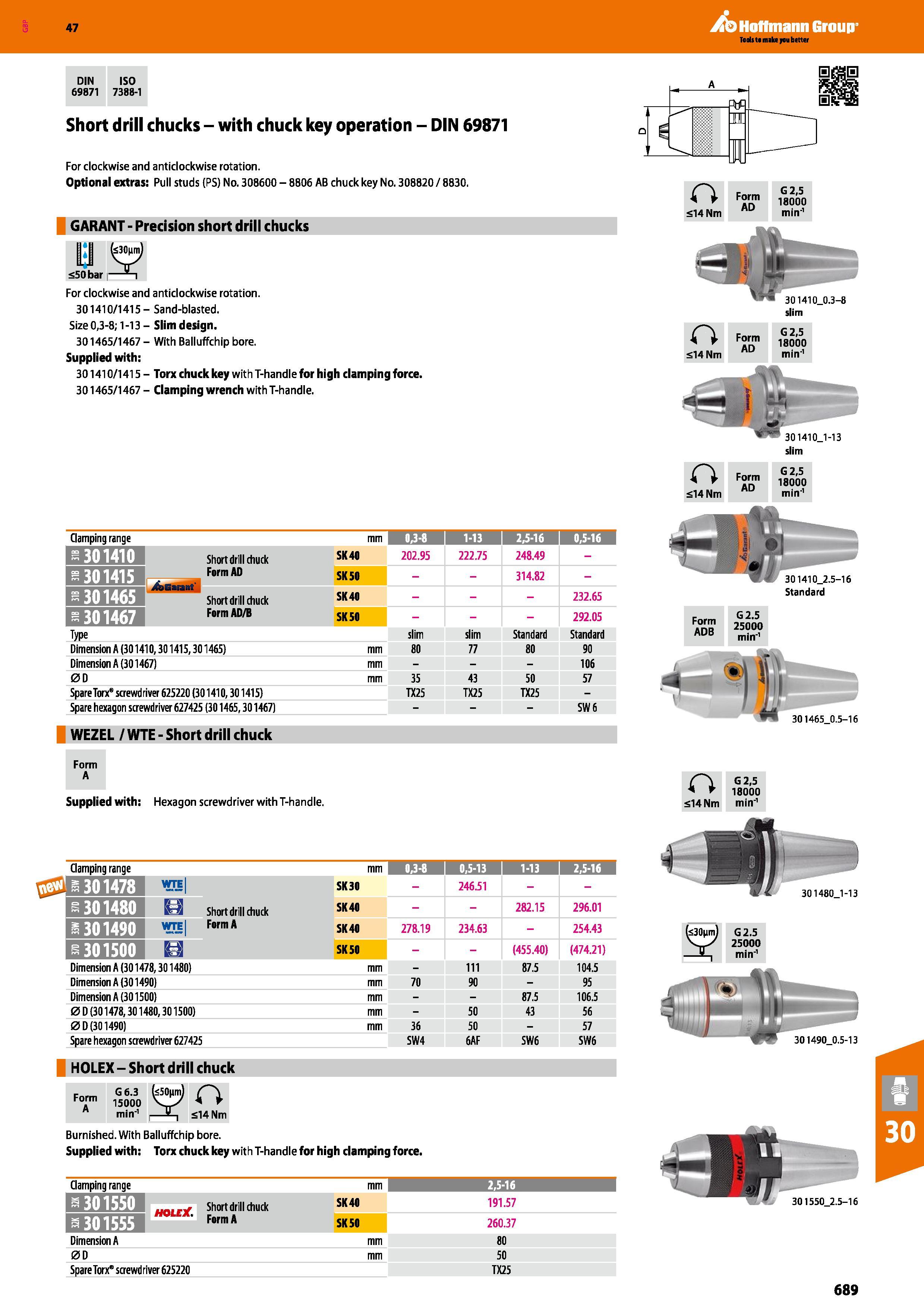 689 47 DIN ISO 69871 7388-1 Hoffmann Group Short drill chucks - with chuck key operation - DIN 69871 For clockwise and anticlockwise rotation Optiona Каталог HOFFMANN GROUP 2016 Станочный режущий и вспомогательный инструмент для металлорежущих универсальных станков центров и комплексов с ЧПУ Версия 47 Стр. 689